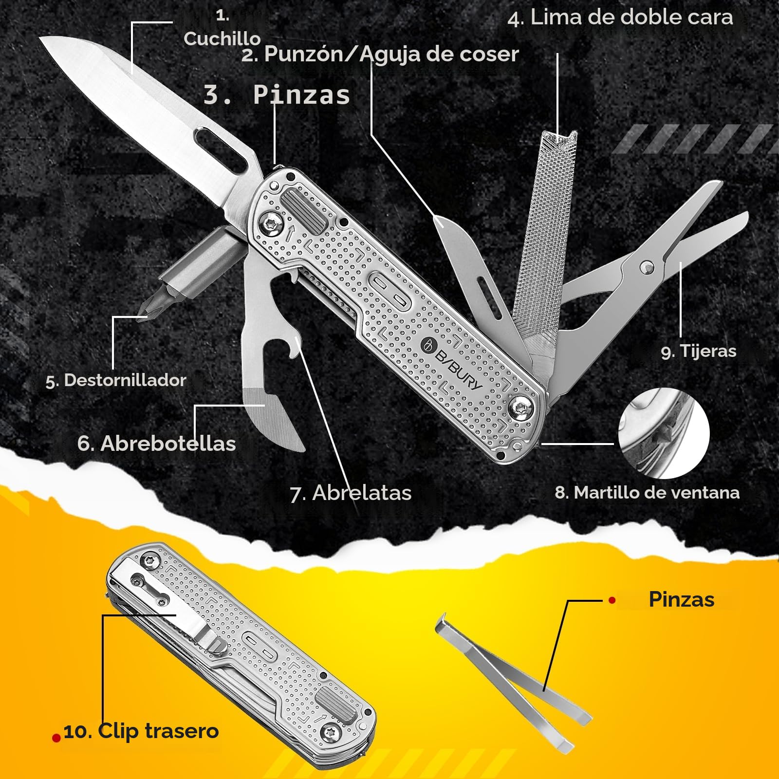 Regalos para hombres, BIBURY navaja multiusos EDC, cuchillo de supervivencia, multiherramienta camping accesorios, regalo para papá, gadgets de cumpleaños para hombres, regalos navidad - BI2056