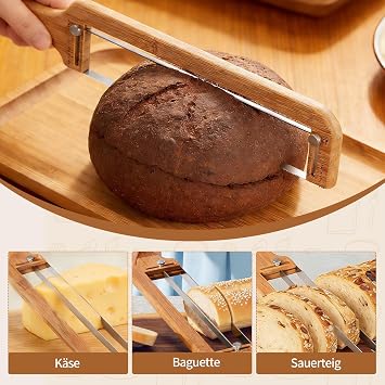 Bread Slicer for Homemade Bread, Adjustable Wooden Bread Knife with Thickness Guide, Manual Bow Cutter for Homemade Bread, Sourdough, Bagels and Baguettes, Ambidextrous Use