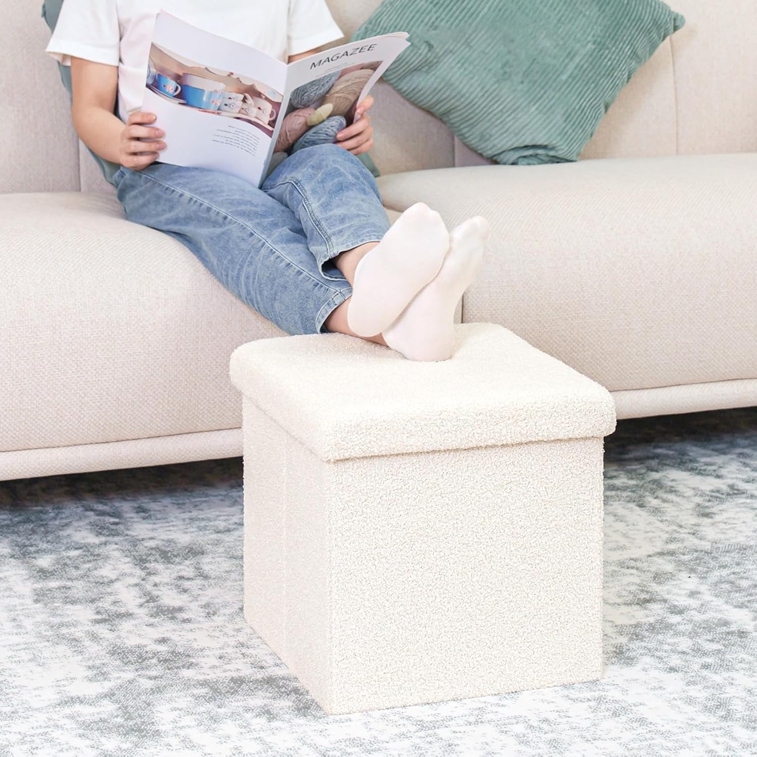 B FSOBEIIALEO Small Storage Ottoman Cube Sherpa Ottomans Foot Rest, Foldable Boucle Ottoman, Faux Teddy Fur, Cream White 15"x15"x15" - Image 2
