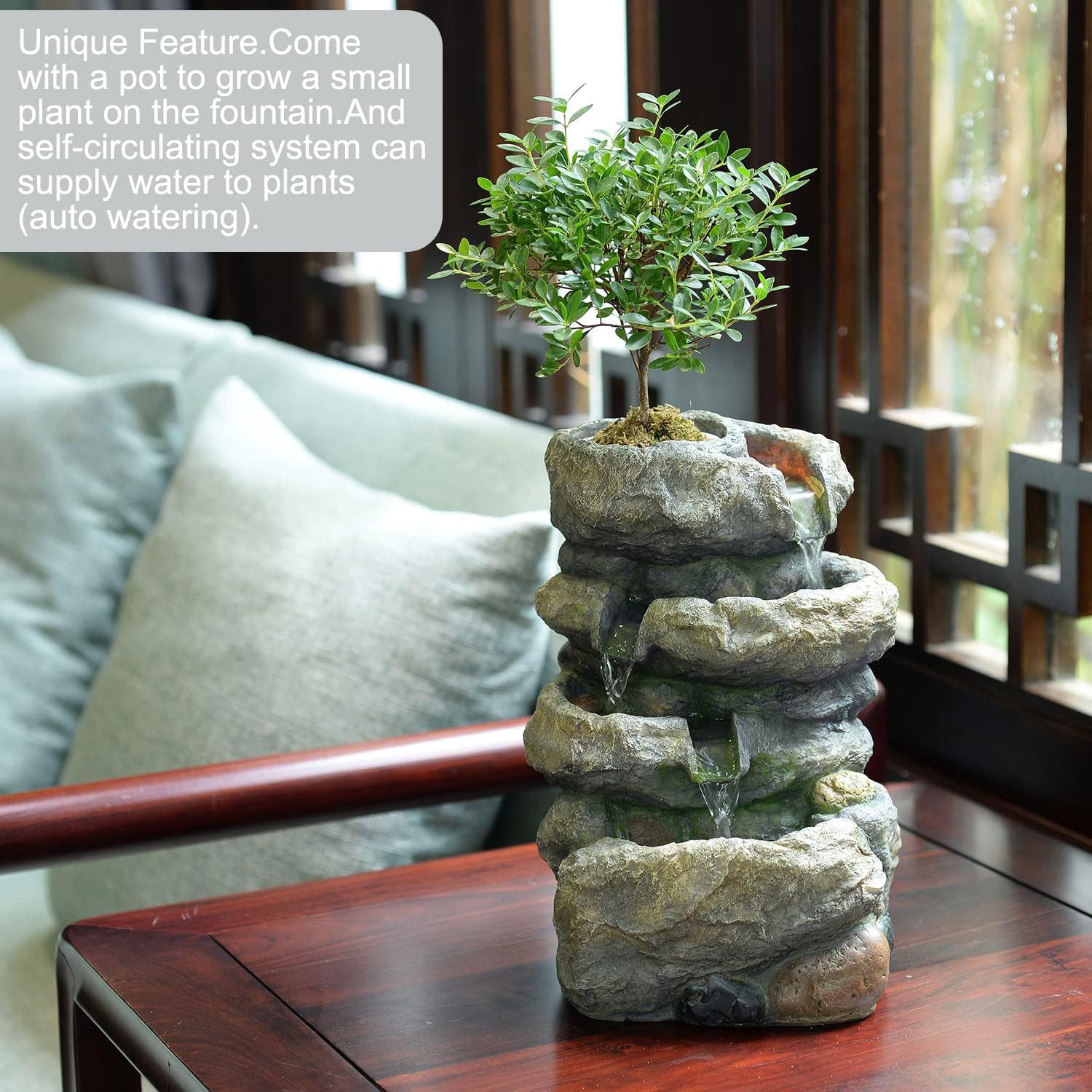 Kalona Tabletop Waterfall Fountain Rockery Fountains Soothing Sound Tabletop Fountains Home/Office Decor with a Small Plastic Pot to Grow The Plant by Yourself(Automatic Watering)(22020)