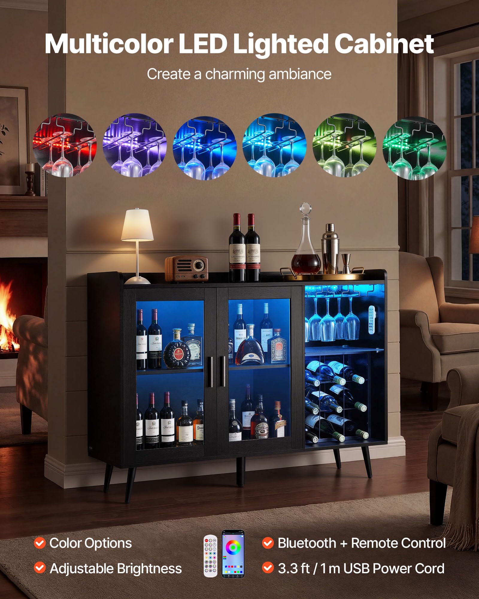 VEVOR Mobile da Bar per Casa Credenza Portabottiglie, Mobiletto Portabottiglie Portabicchieri con Illuminazione LED Dimmerabile Ripiani per Bottiglie, Credenza da Bar per Soggiorno Salotto Cucina