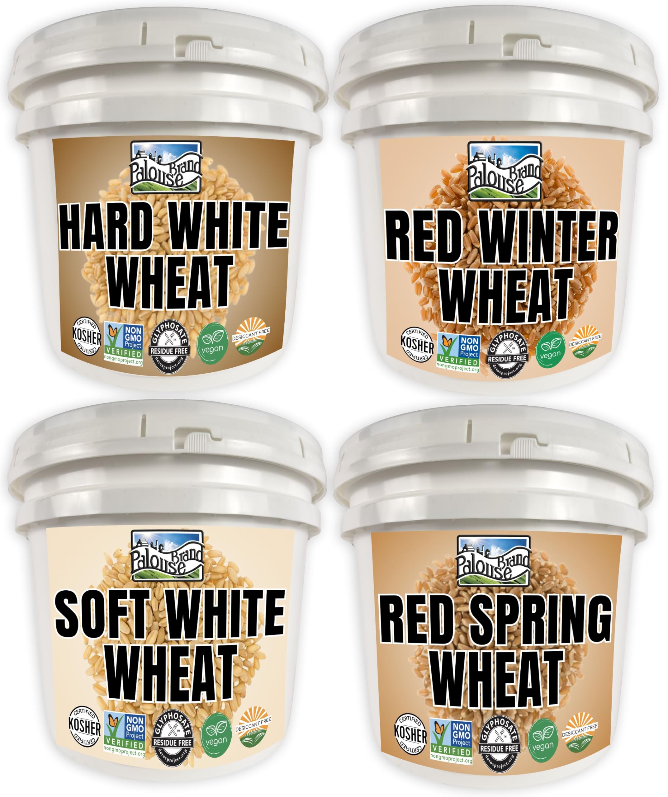 Palouse Brand Certified Glyphosate Residue Free Wheat Berries | 100 LBS | Hard White, Soft White, Hard Red Winter, Hard Red Spring Wheat Berries [25 lbs each]