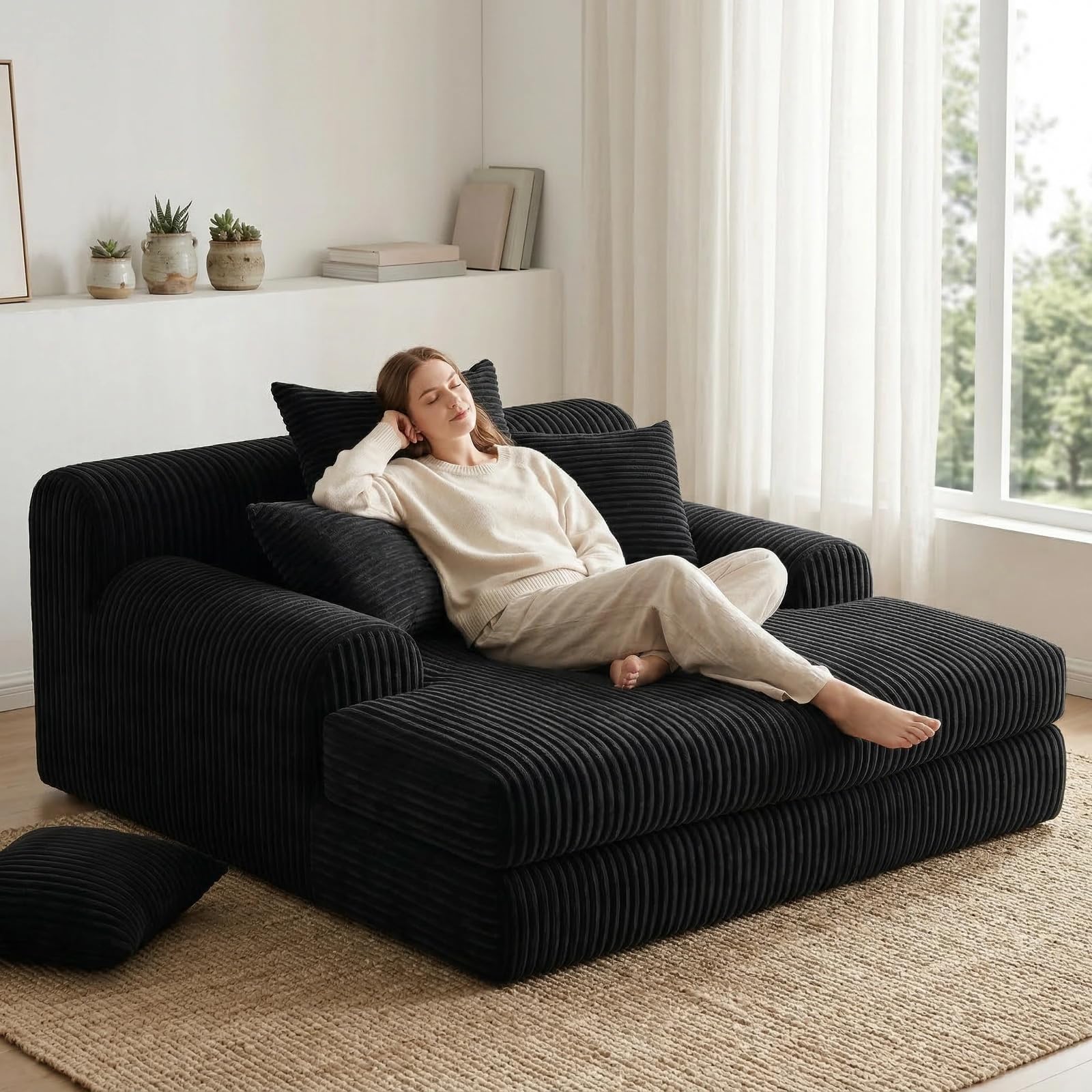 Sofá Moderno de Pana con función de sofá Cama y Chaise Longue, sofá en la Nube con 3 Cojines, cómodo Asiento para Sala de Estar en Negro, sin Montaje