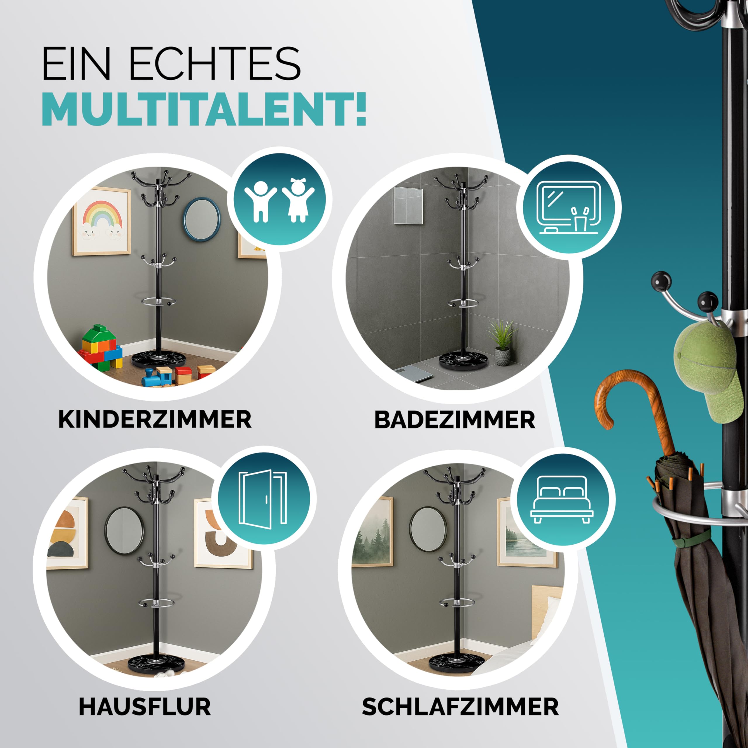 Casaria® Kleiderständer Marmorsockel Metall 14 Haken 360° Drehbar Stabil 37x37x175 cm Flur Büro Garderobenständer Kleiderstange Jackenständer Schwarz