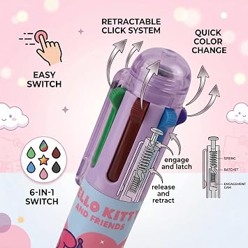 Hello Kitty 6-in-1 Retractable Ballpoint Pen, Fun Rainbow Barrel Ballpoint Pen for School Office, Medium Point 0.5mm, Children School Stationery Gift 3+Years