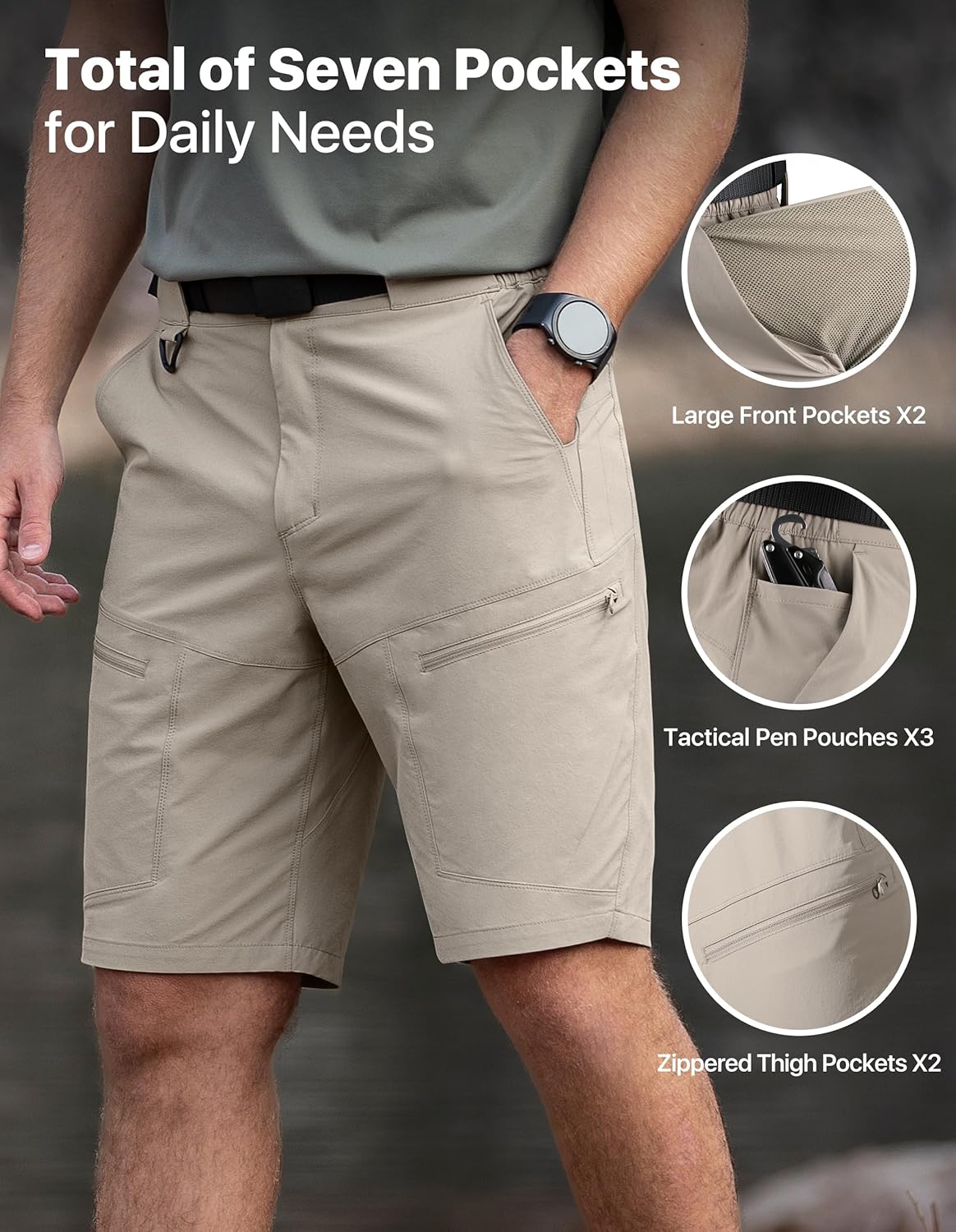Mens Hiking Shorts Water Resistant Quick Dry Lightweight Breathable Cargo Shorts with Zipper Pockets & Belt - Image 5