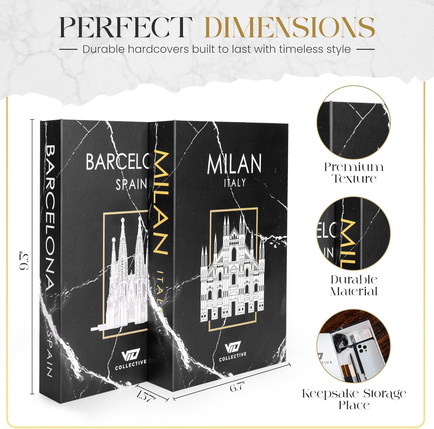 Decorative Book Milan/Barecelona (Black) Fake Books w/Hidden Storage for Coffee Table, Bookshelf or Mantle decor w/Magnet Closure - Aesthetic Book Decor for Living room, Bedroom, Entry Way, Keepsake