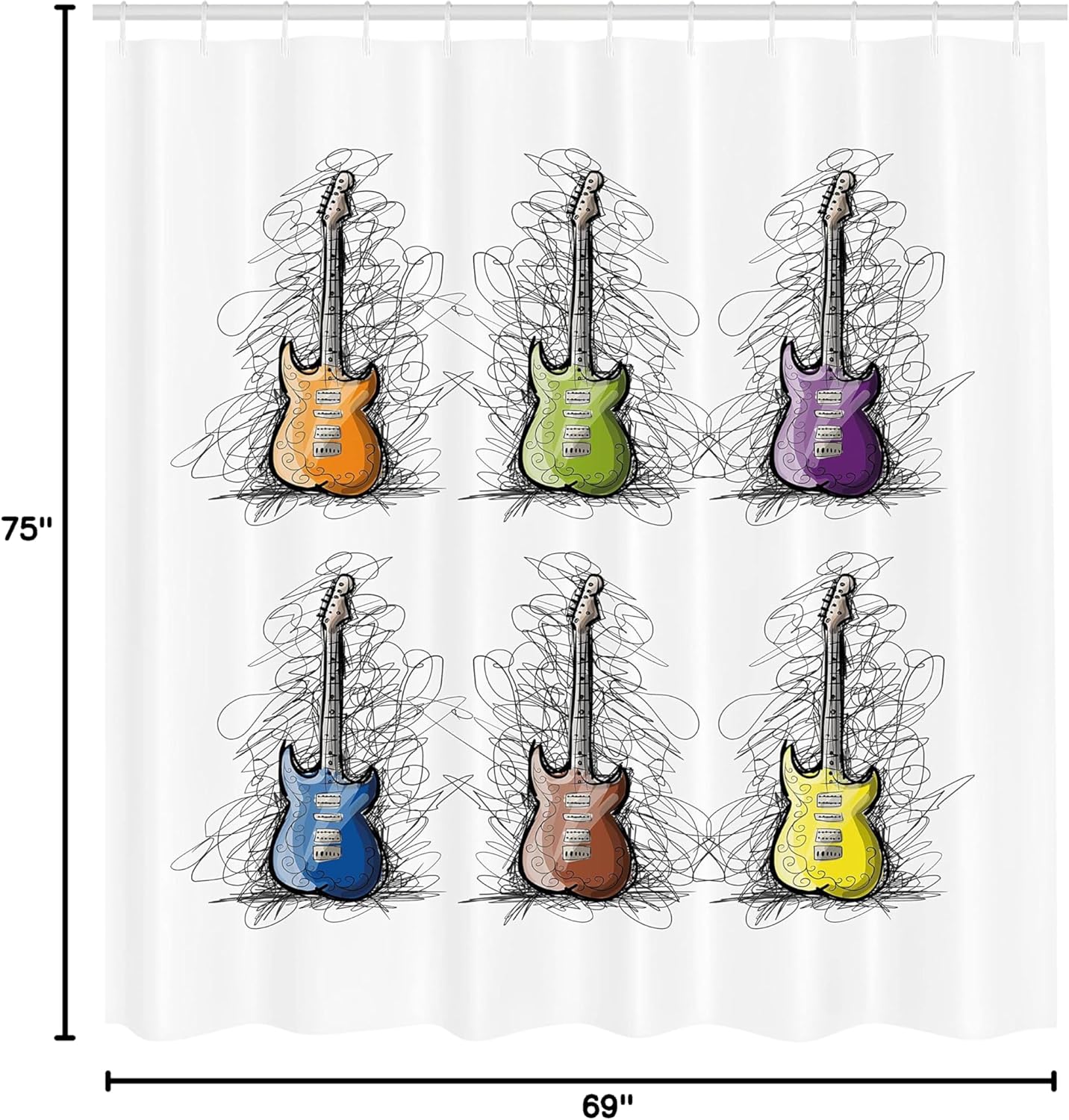 Ambesonne Music Shower Curtain, Sketchy Lines Colored Design Guitar Insrument Collage Teens Rocker Song Lovers Image, Cloth Fabric Bathroom Decor Set Hooks, 69" W x 75" L, Charcoal Grey Multicolor