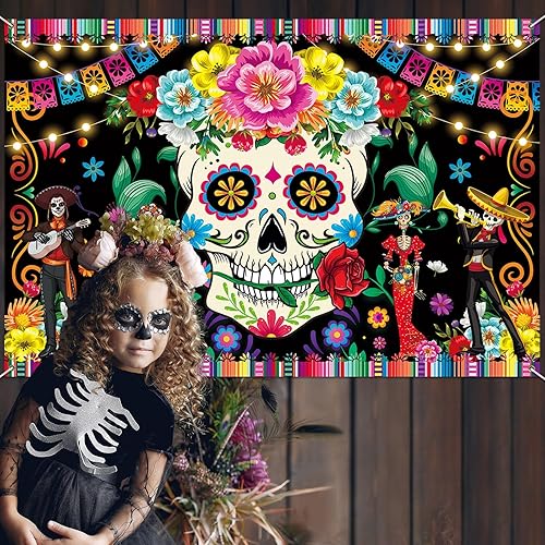 Miniatura 6 de Pancarta decorativa prémium con el Día de los Muertos, grande de 72 x 44 pulgadas, fondo del Día de los Muertos, diseño clásico, tela HQ, impresión