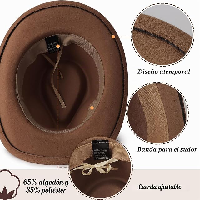 Foto 4 de 6 de DRESHOW Sombrero Cowboy Niños Niñas Western Fedora Fieltro Hebilla de Cinturón Sombreros Retro Panamá Unisex…