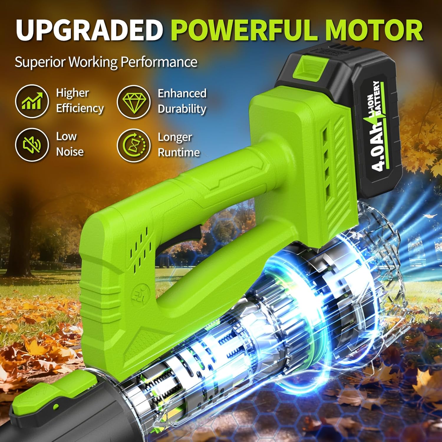 Leaf Blower Cordless, 21V Electric Leaf Blower with 2 x 4.0Ah Battery and Charger, 650 CFM & 280 MPH Powerful Leaf Blowers, Lightweight Small Leaf Blowers for Garden, Patio, Lawn Care (Green) - Image 3