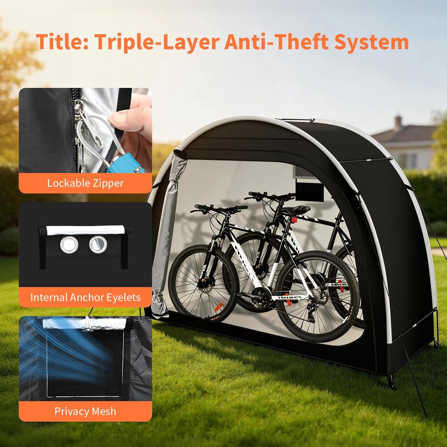 Anti-Theft Bike Storage Tent with Lockable Zipper & Security Eyelets, Upgraded PU5000 Waterproof Outdoor Storage Shed for 2-3 Bikes, Bicycle Motorcycle Garden Tools Shelter (80x32x68 Inches)