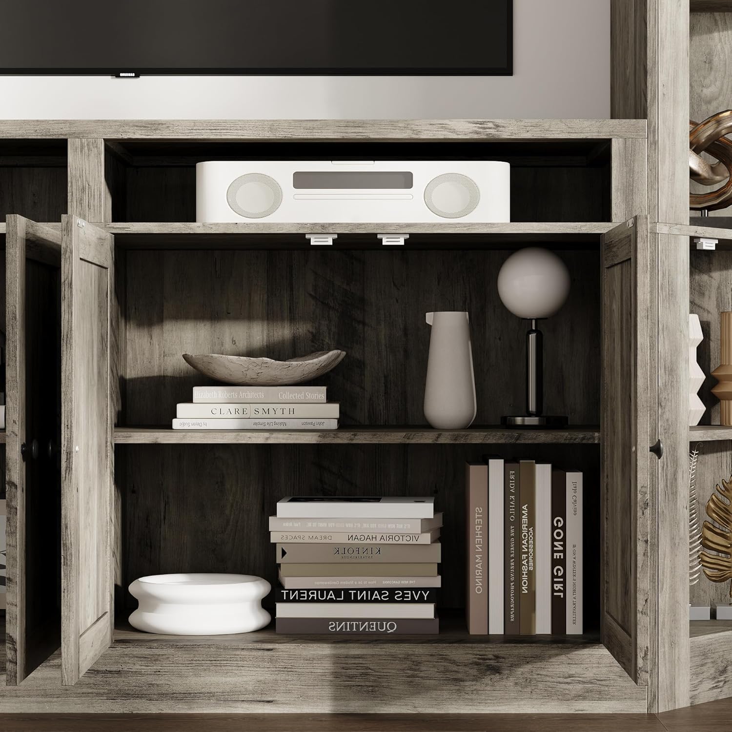 ECACAD 4-Piece Large Wall Unit TV Stand with Bookshelves for TVs up to 70", Farmhouse Entertainment Center with 16 Storage Shelves, Rustic Media Console Table for Living Room, Bedroom, Gray