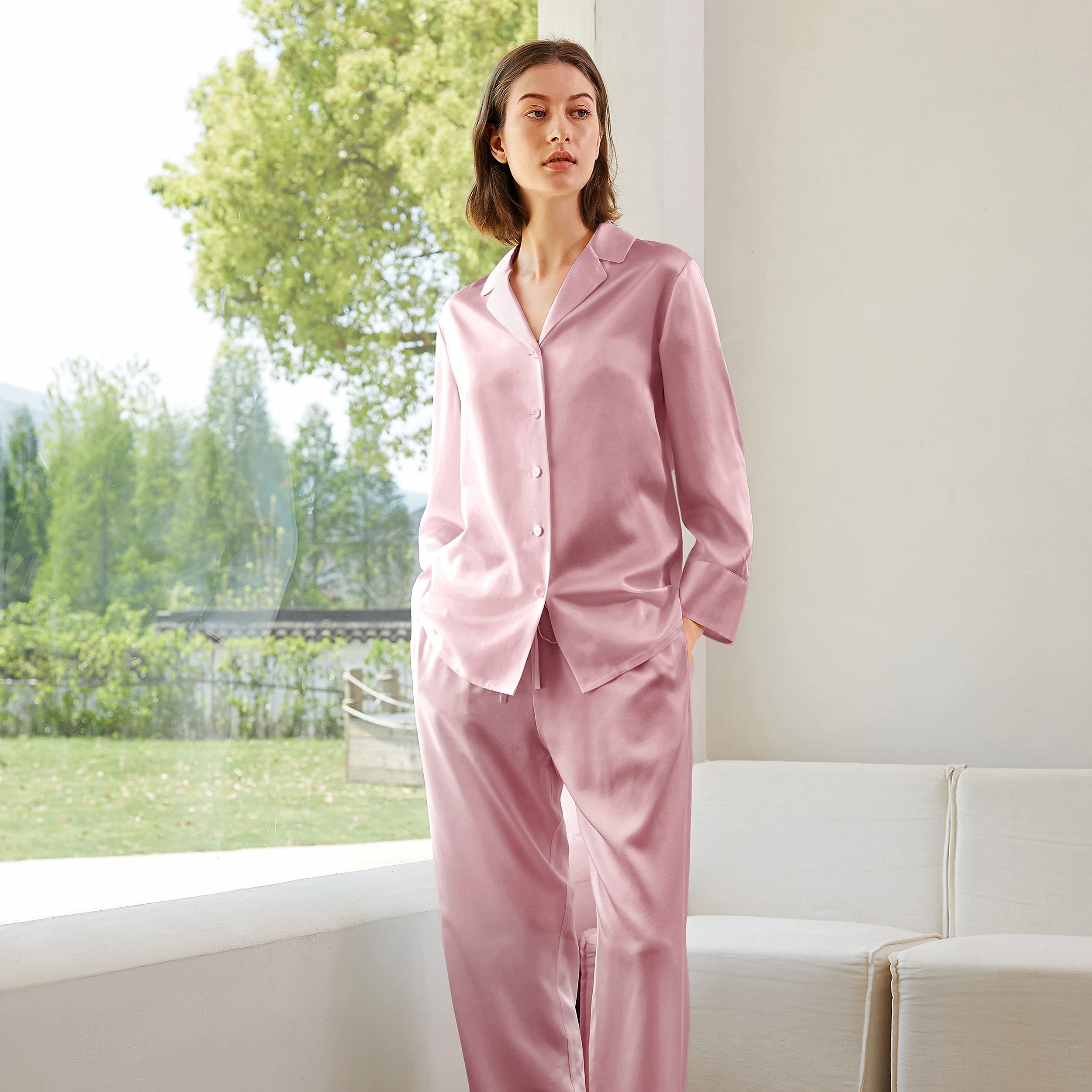 Mommesilk Seide Pyjama Damen Maulbeerseide Schlafanzug 2pc Set Nachtwäsche Homewear Damenpyjama Mädchen Reise aus Echte 19 Momme Seiden