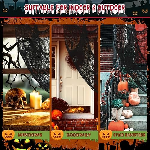Miniatura 5 de Riare Paquete de 6 paños espeluznantes negros de Halloween de 30 x 75 pulgadas, tela espeluznante de gasa negra para fiesta de Halloween, casa