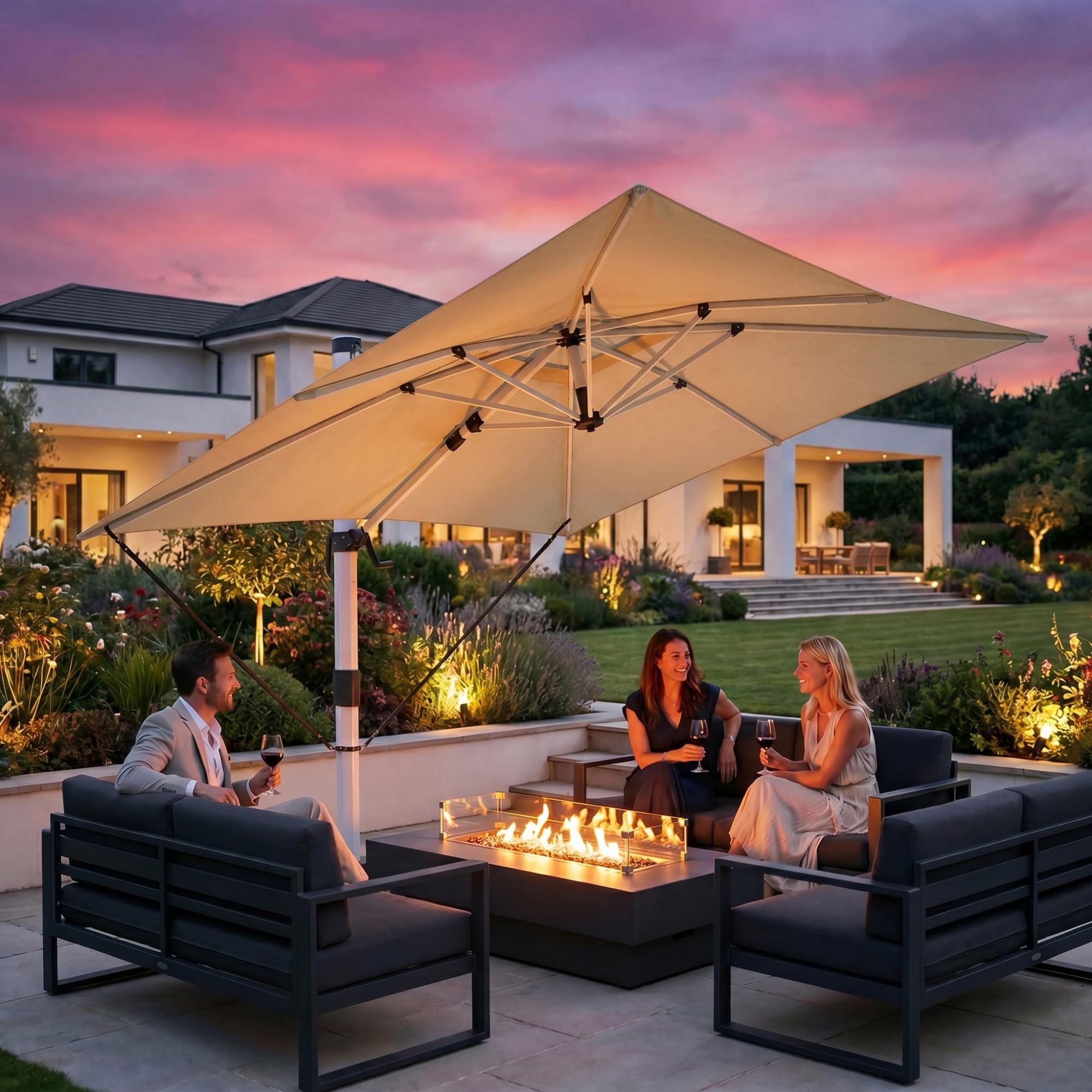 JUMMICO 3x3m Cantilever Garden Parasol with Crank Tilt, Heavy Duty Aluminium Frame, UV Protection, Waterproof, 360° Rotation Foot Pedal, Outdoor Patio Umbrella for Garden, Lawn Terrace,Beige
