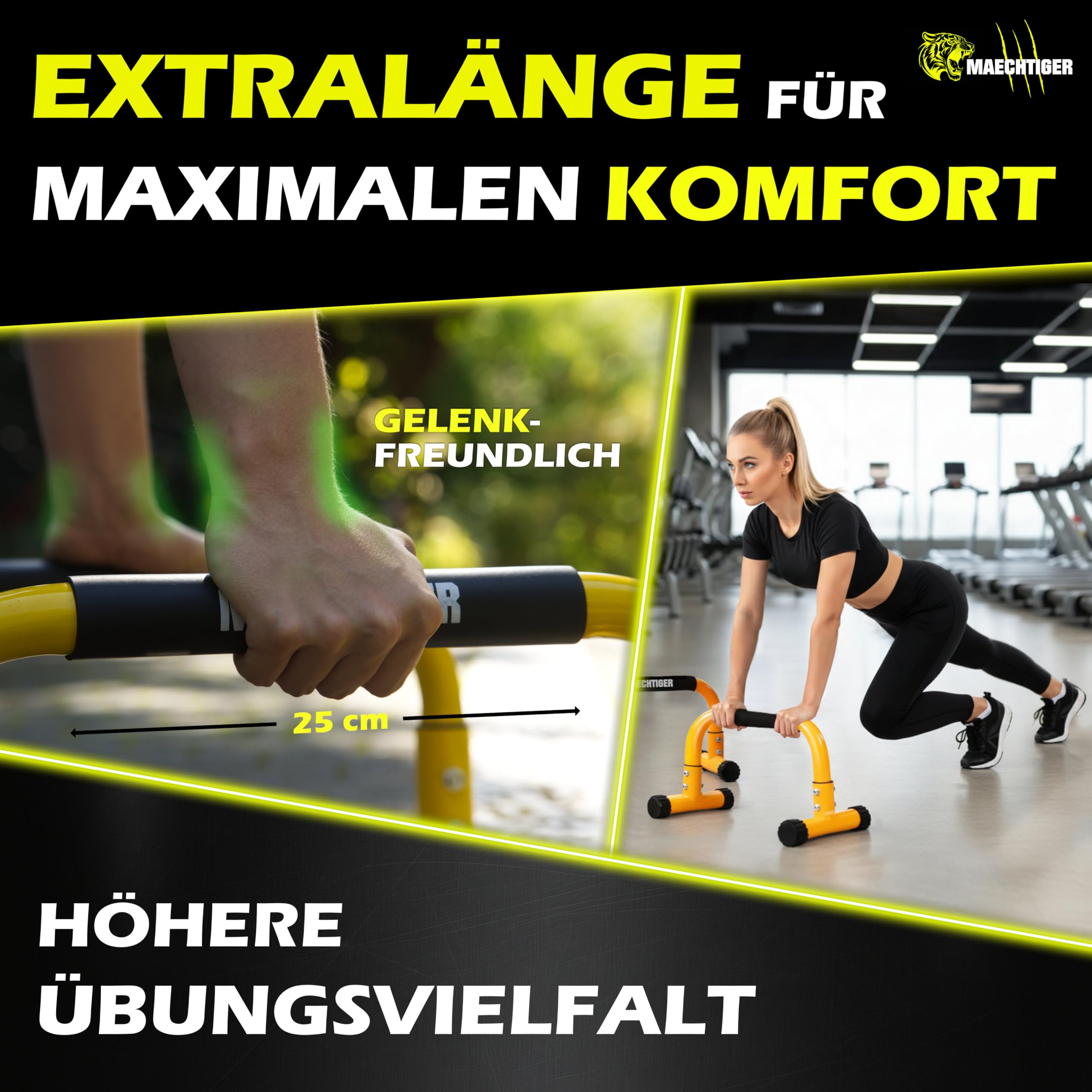 Premium Parallettes - extralange Liegestützgriffe/Push Up Bars aus Stahl - mit Ausgleichsystem für stabilen Stand - rutschfest & gelenkschonend - für Calisthenics, Fitness, Indoor & Outdoor