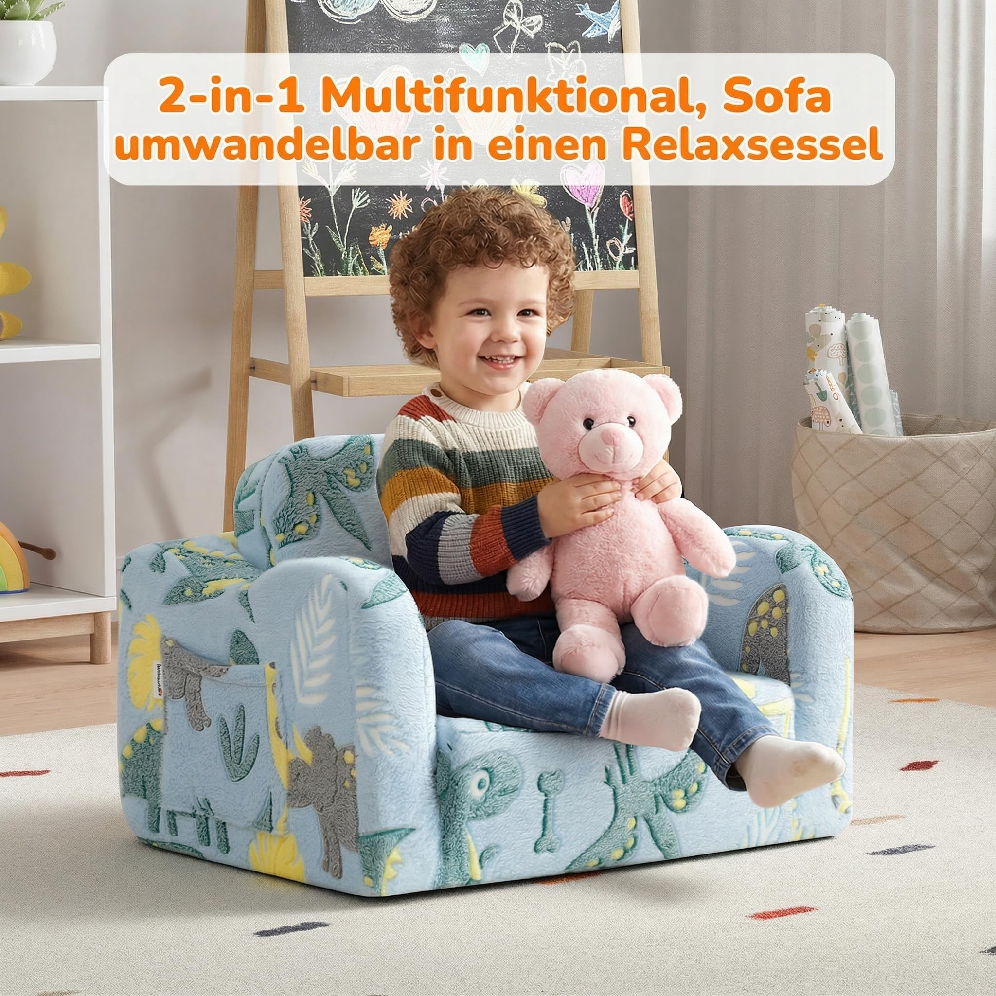 MeMoreCool Kindersofa Ausklappbar, 2-in-1 Kleinkinder Schlafsofa, Kindersessel mit Schlaffunktion, Mini Couch für Kuschelecke Kinderzimmer, Fancy Spielsofa für Mädchen und Jungen, Blau Dinosaurier