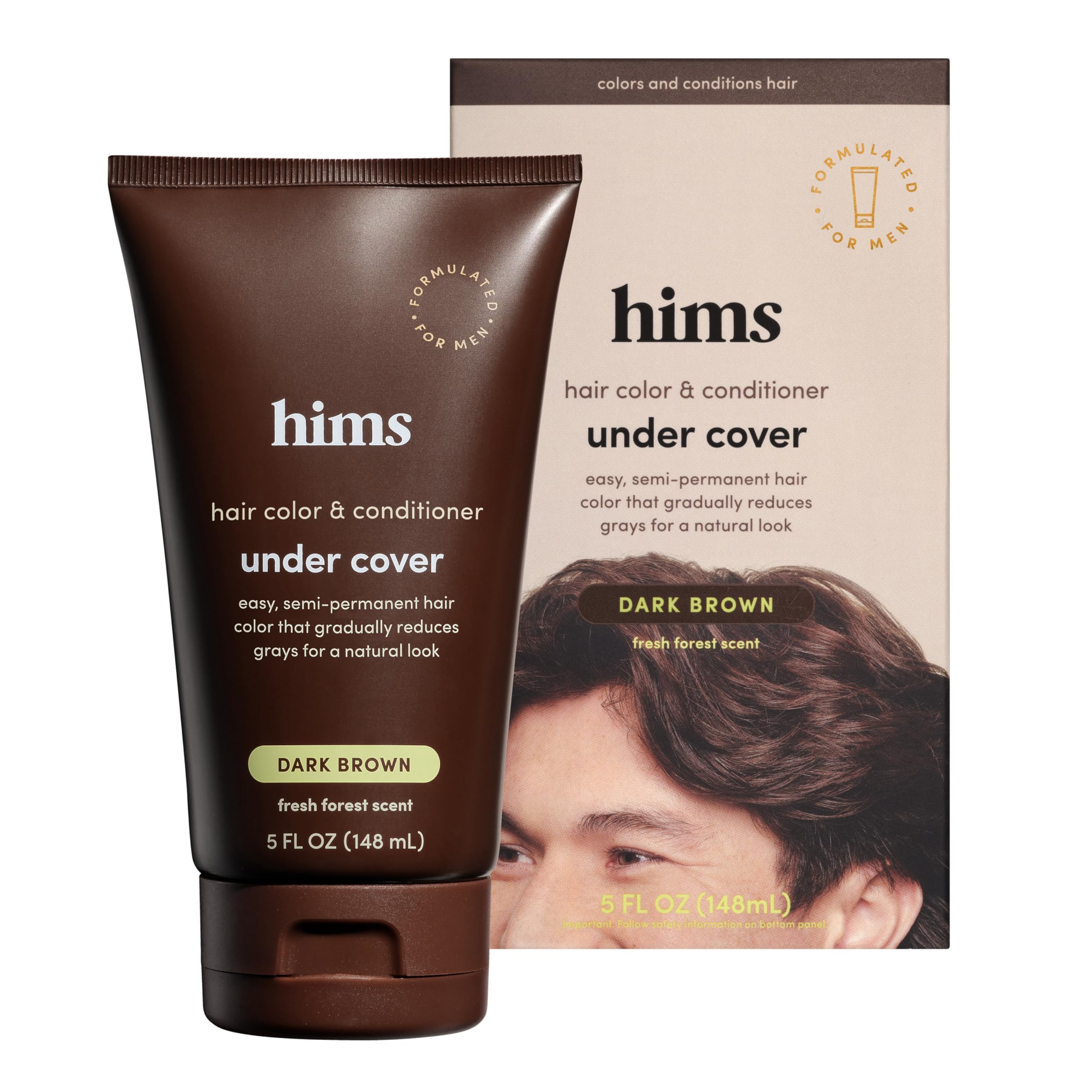 hims Under Cover Hair Color & Conditioner - With Argan Oil - Semi-Permanent In-Shower Hair Dye - Blends Grays Naturally - Sulfate-Free & Cruelty-Free - Fresh Forest Scent - Dark Brown - 5 Fl Oz