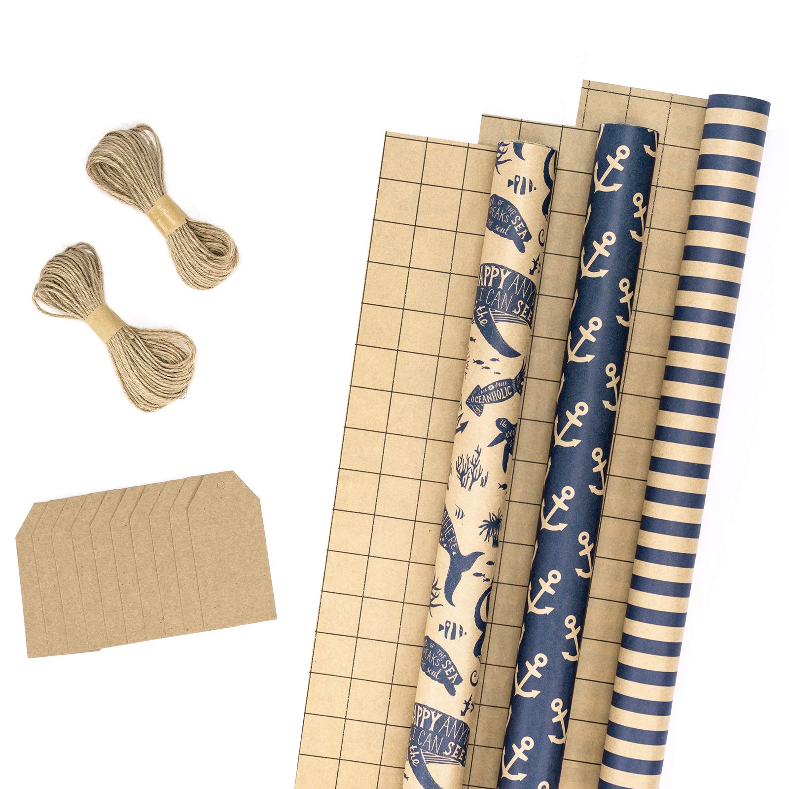 RUSPEPA Wrapping Paper Rolls with Tags, Jute String - Mini Roll - 17 inches x 10 feet per Roll, Total of 3 Rolls, Navy Blue