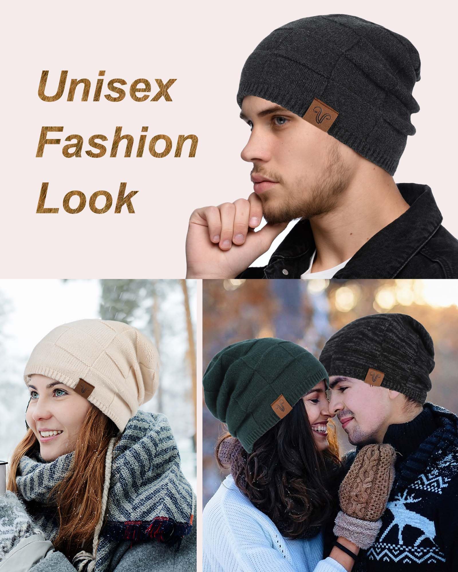 Gorro de invierno de lana con forro de satén para mujeres y hombres, gorro holgado con forro de seda, gorro de punto cálido unisex