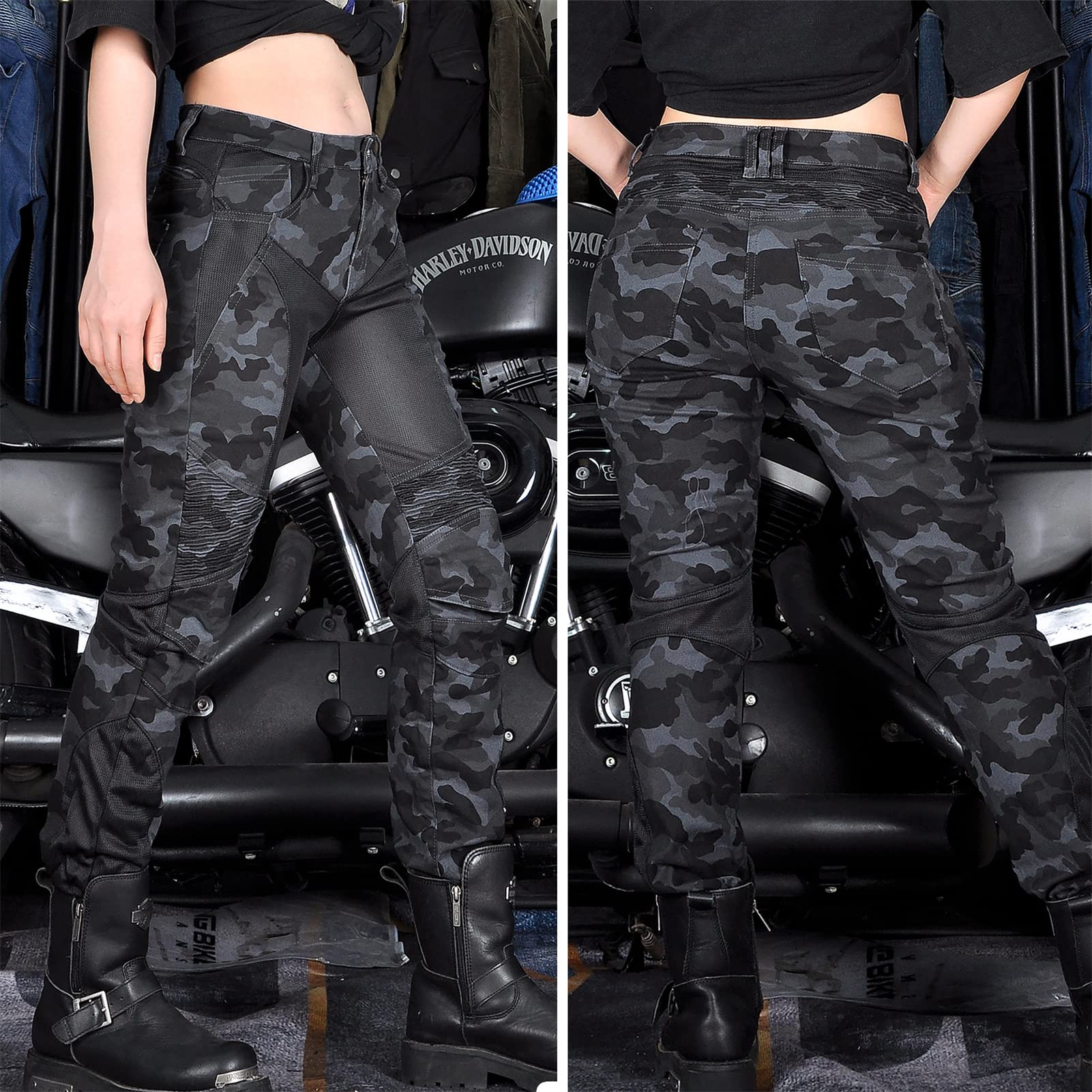 Damen Motorradjeans mit Camouflage-Denim-Hose mit atmungsaktivem Mesh und abnehmbaren Hüft- und Knieprotektoren Sommer (Blue,S)
