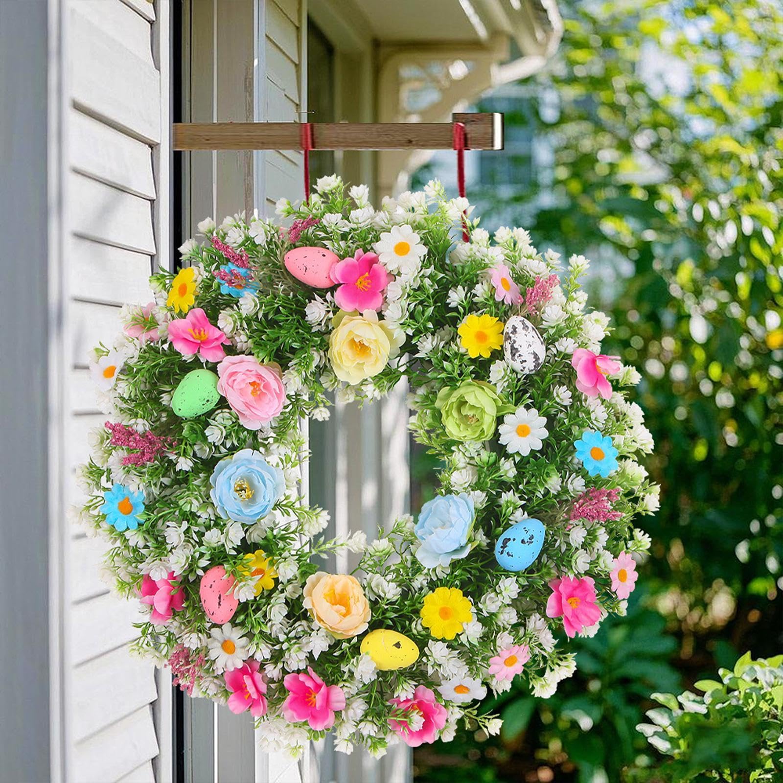 Ghirlanda Pasquale, Fiori Artificiali, Ghirlanda di Uova, Ghirlanda di Foglie Verdi, Decorazione Primaverile con Fiori di Seta per La Porta D'ingr, 55 Cm