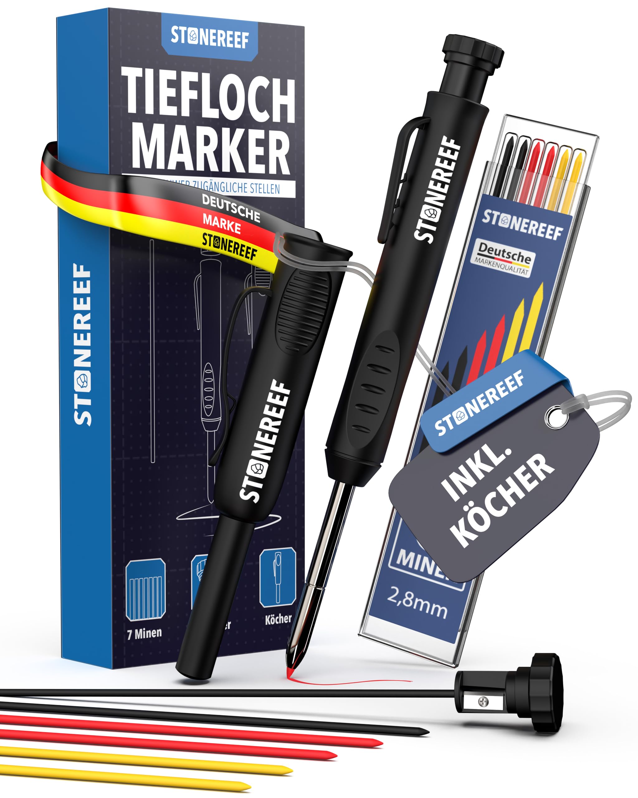 Tieflochmarker Profi mit Köcher – Bleistift für Baustelle, Bohrloch, Handwerker, Zimmermann – Markierstift für tiefe Stellen – Ersatzminen-kompatibel – Baubleistift für Holz, Metall, Fliesen