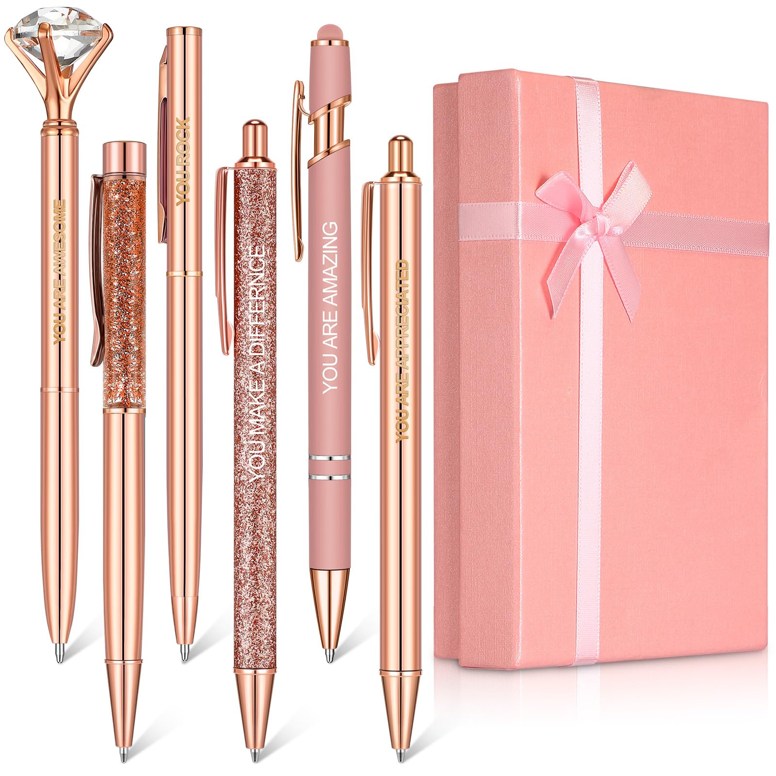 Yeaqee 6 Pcs Inspirational Pen Set for Women Gift 2026 Diamond Ballpoint Pens with Crystal Motivational Office Supplies with Gift Box Nurse Teacher