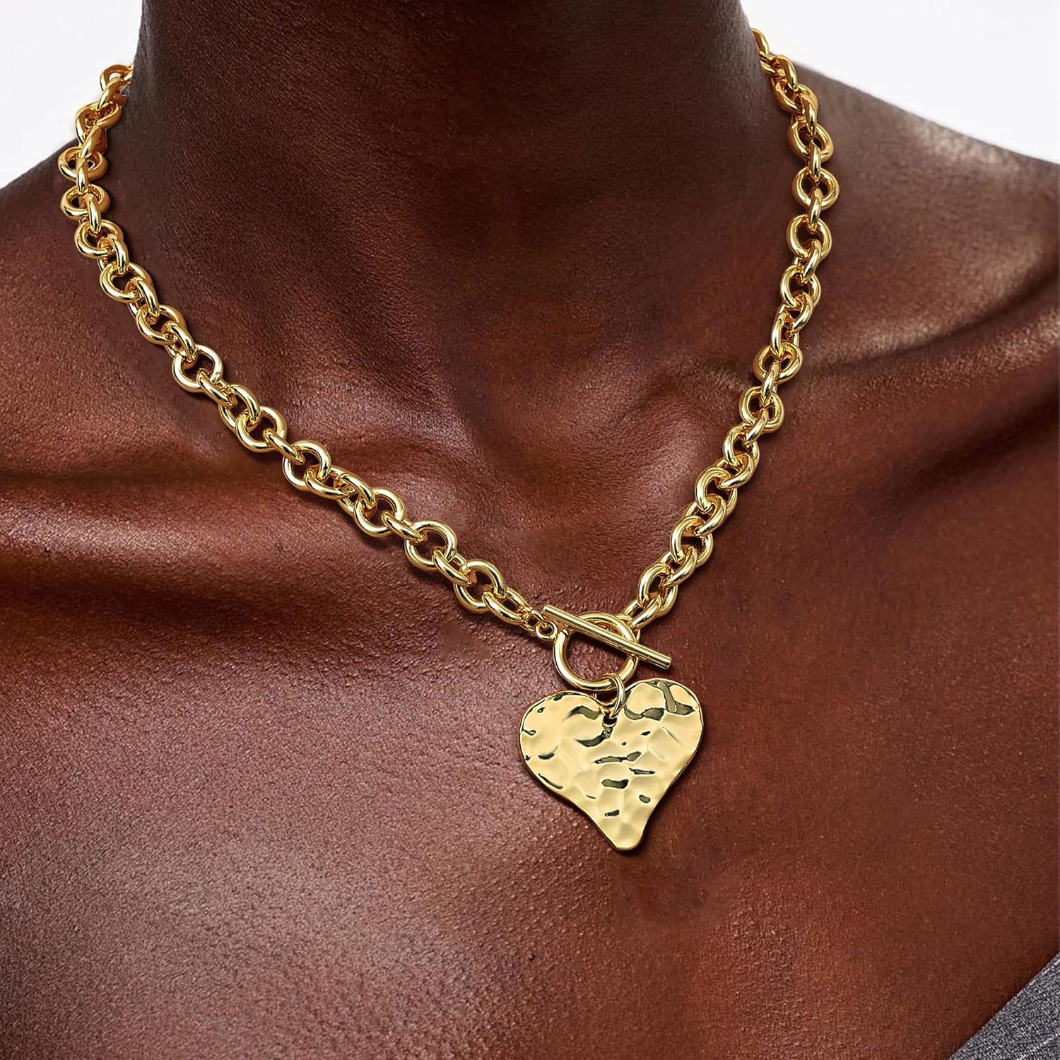 Krfy Valentines Day Gifts for Women Hers Gold Chunky Heart Necklace for Women, Hammered Cross Necklace for Women Non Tarnish, Dainty Toggle Necklaces Paperclip Chains Jewelry 45cm - Image 4