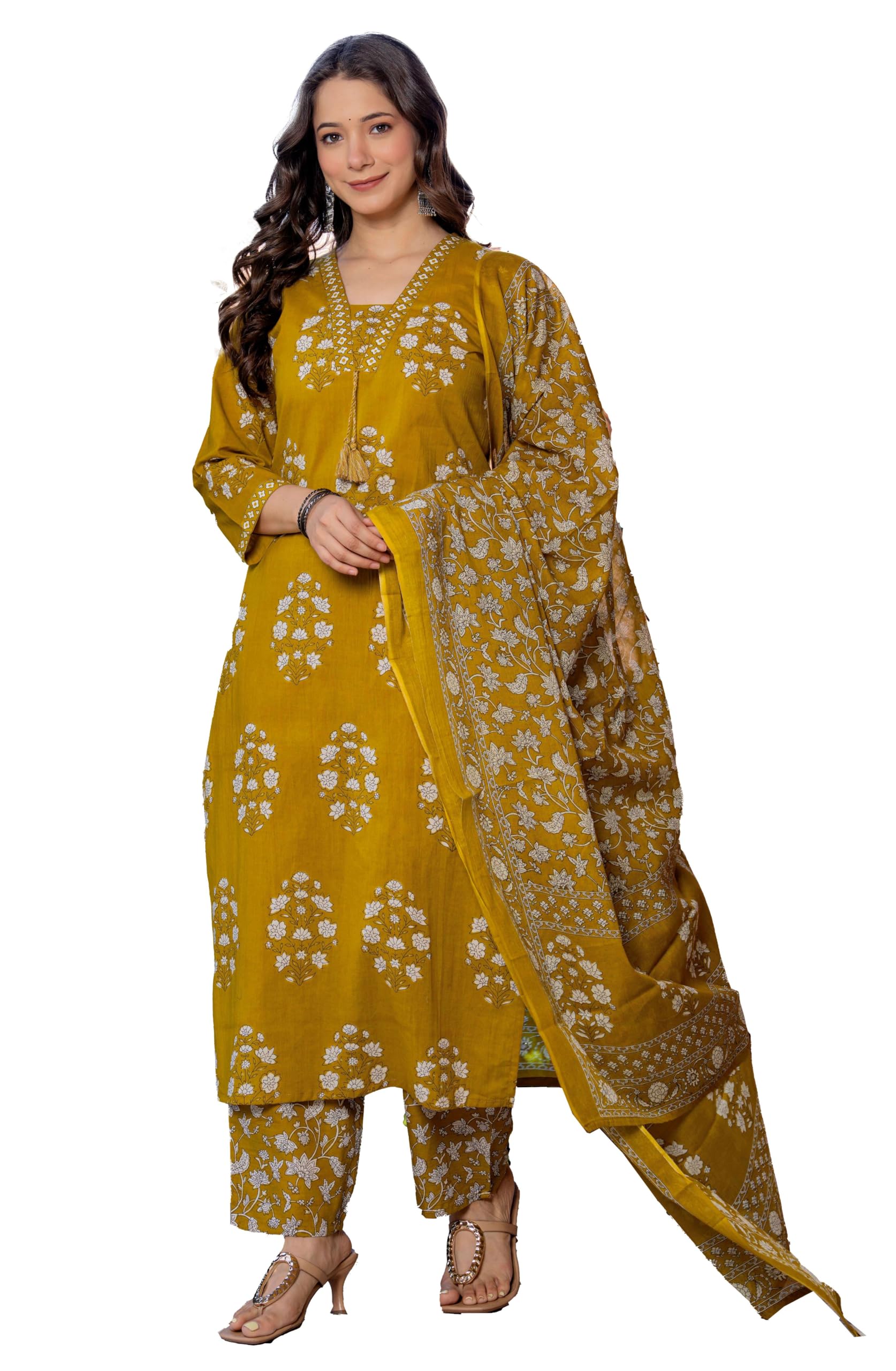 PARTHVI Women's Pure Cotton Printed Straight Kurta Set with Palazzo Pants & Dupatta- Ethnic Wear, Yellow