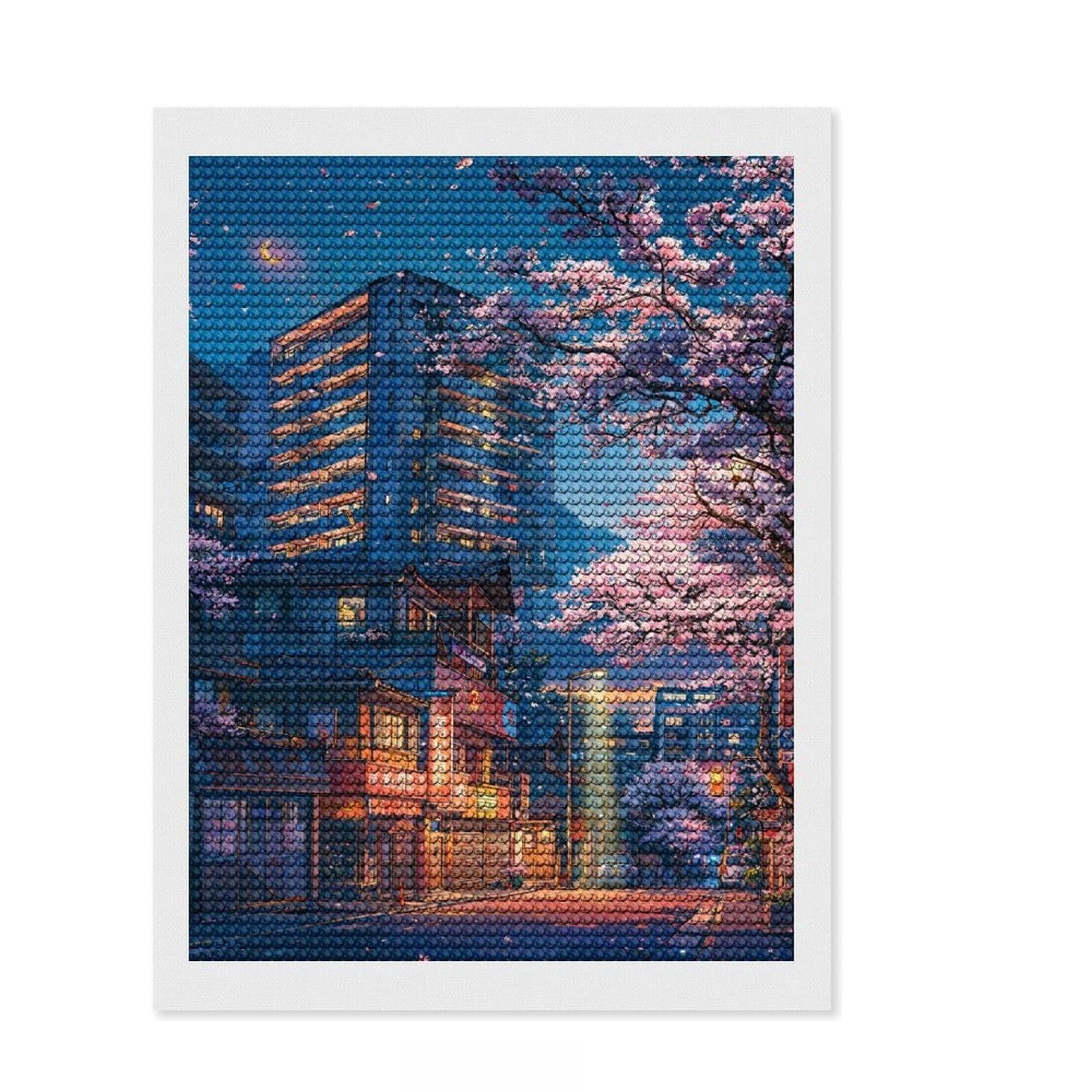 Junmoney When The Sakura Bloom Diamond Art Canvas 12"x16", Full Kit Included, Bedroom Decor, for Beginners, Thoughtful Handmade Gift