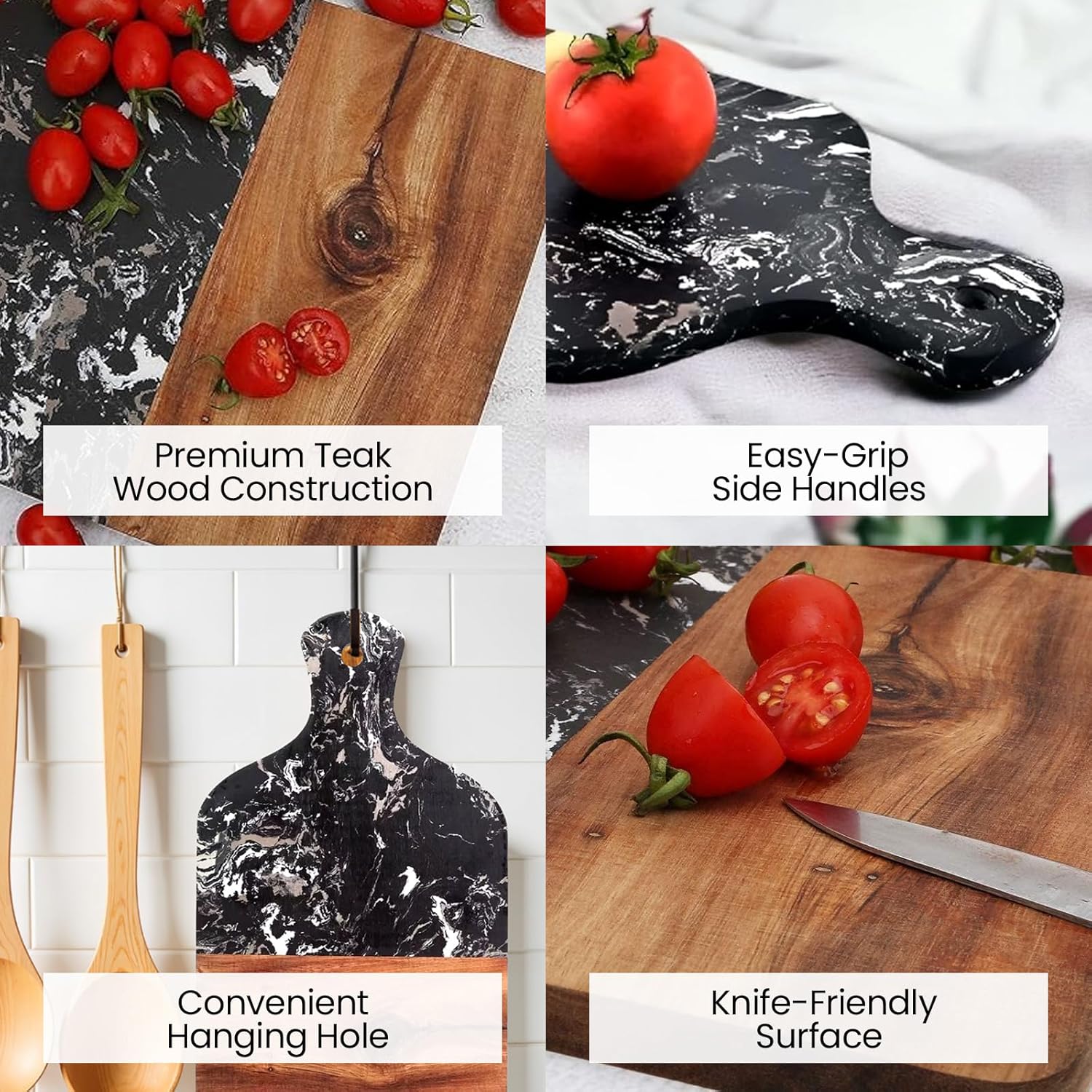 HOME ARCHIVE Wood & Marble Rectangle Cutting Board with Handle for Kitchen Chopping Boards for Vegetables Fruits Pizza Cheese Meat and Charcuterie (Brown & White - Rectangle with handle)