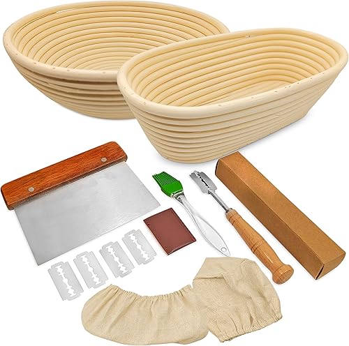 Juego de 2 cestas a prueba de pan, redondas de 10 pulgadas y 9 pulgadas ovaladas de ratán natural con forros de tela y 4 herramientas para hornear,