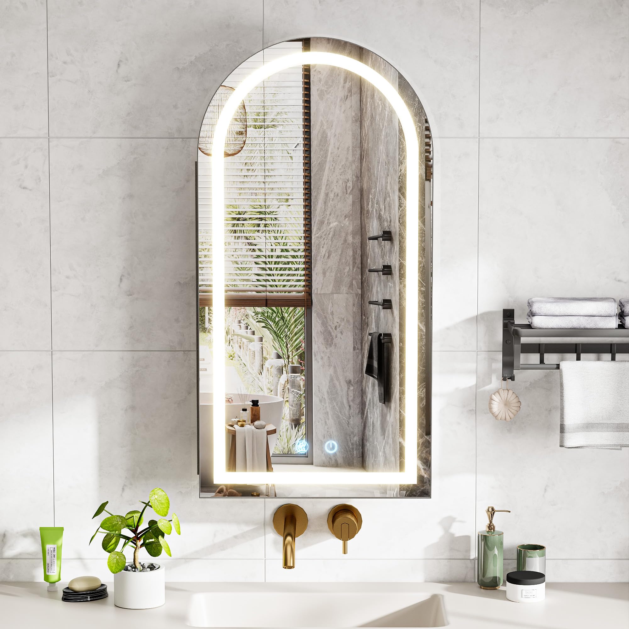Specchio Contenitore Bagno con Luce e Antiappannamento Arcuata Metal Armadietto Bagno a Parete con 2 Mensola (Nessun assemblaggio richiesto) Specchio Contenitore Bagno 40x79x12.5 cm