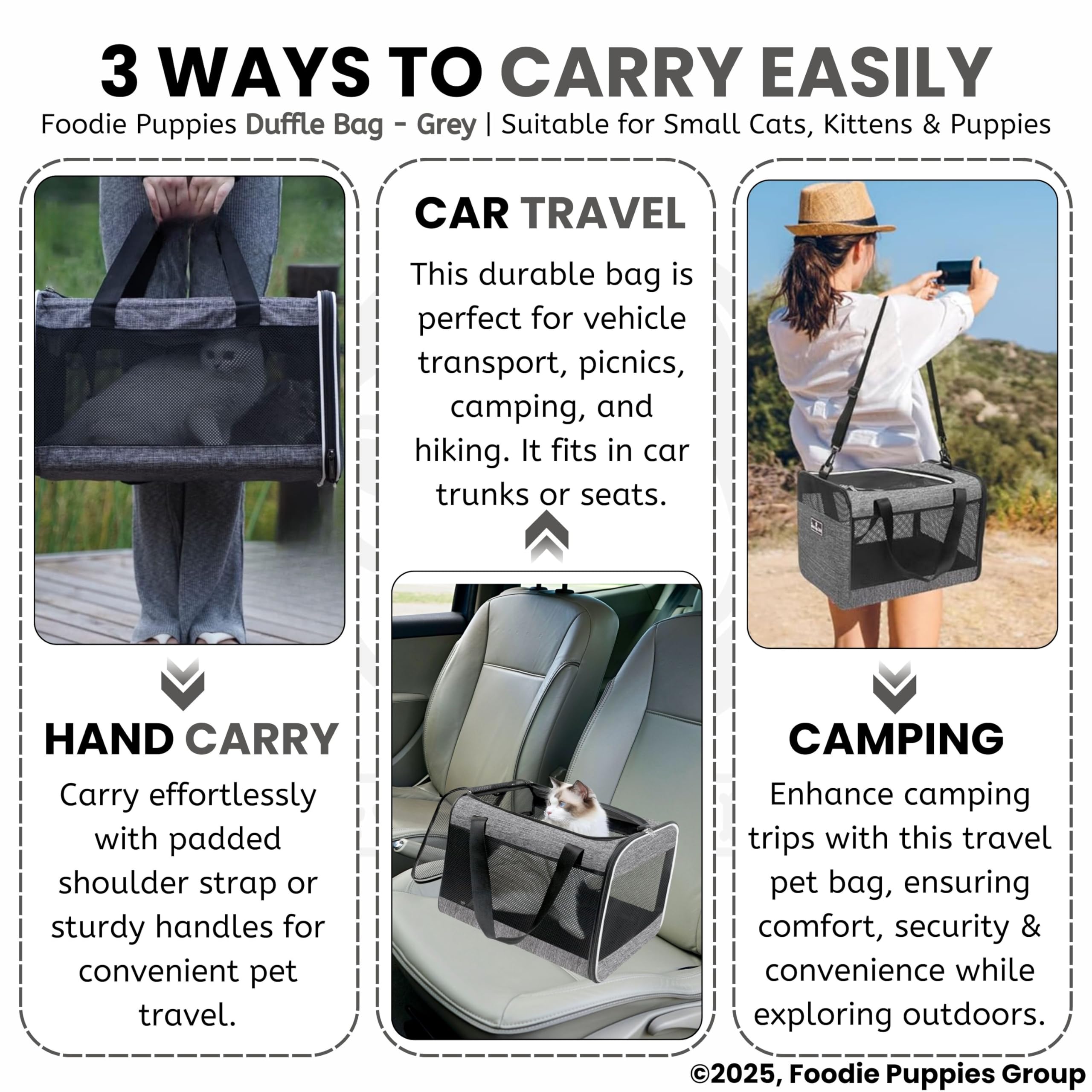 Foodie Puppies Pet Soft-Sided Mesh Pet Travel Carrier Bag - (Duffle Bag, Grey), (49x32x32cm) for Puppies, Small Dogs & Cats | Portable and Breathable Pet Carrier with Removable Fleece Pad 4