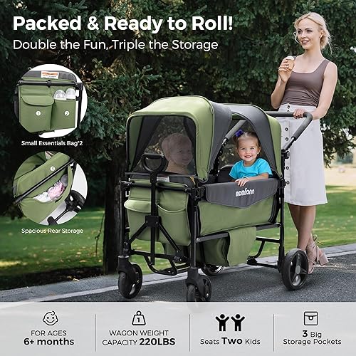 Miniatura 2 de Cochecito para 2 niños con toldo, cochecito plegable todo terreno con asa ajustable para empujarjalar, organizador para padres, arnés de 5 puntos,