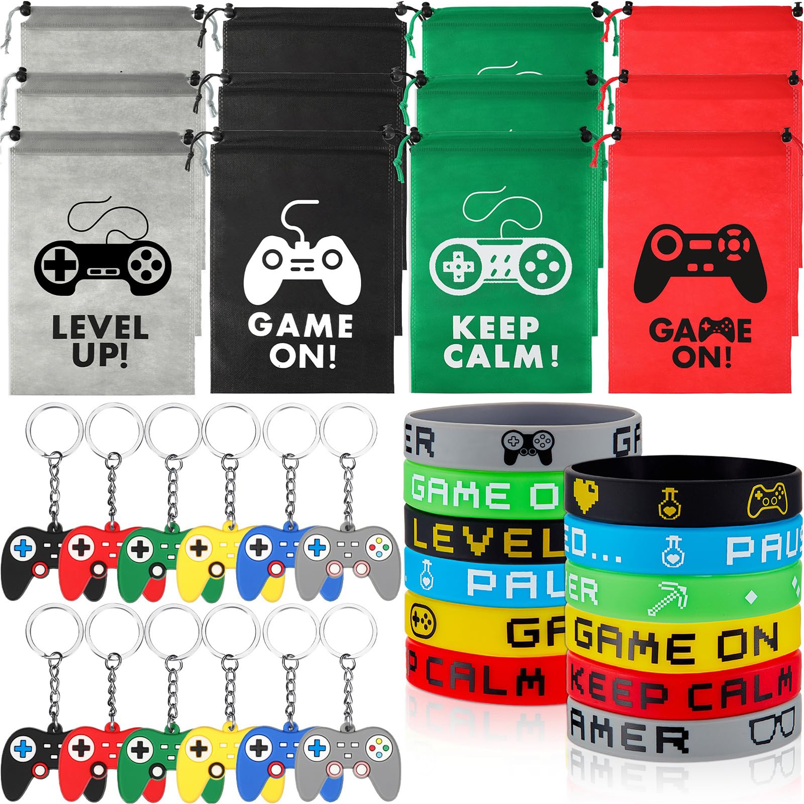 MTLEE 36 Pcs Video Game Party Favors Set Include Gamer Party Favor Bags with Drawstring Silicone Bracelets Wristbands Game Controller Keychains for Christmas Gaming Birthday Stuffer Gifts(Cute Style)