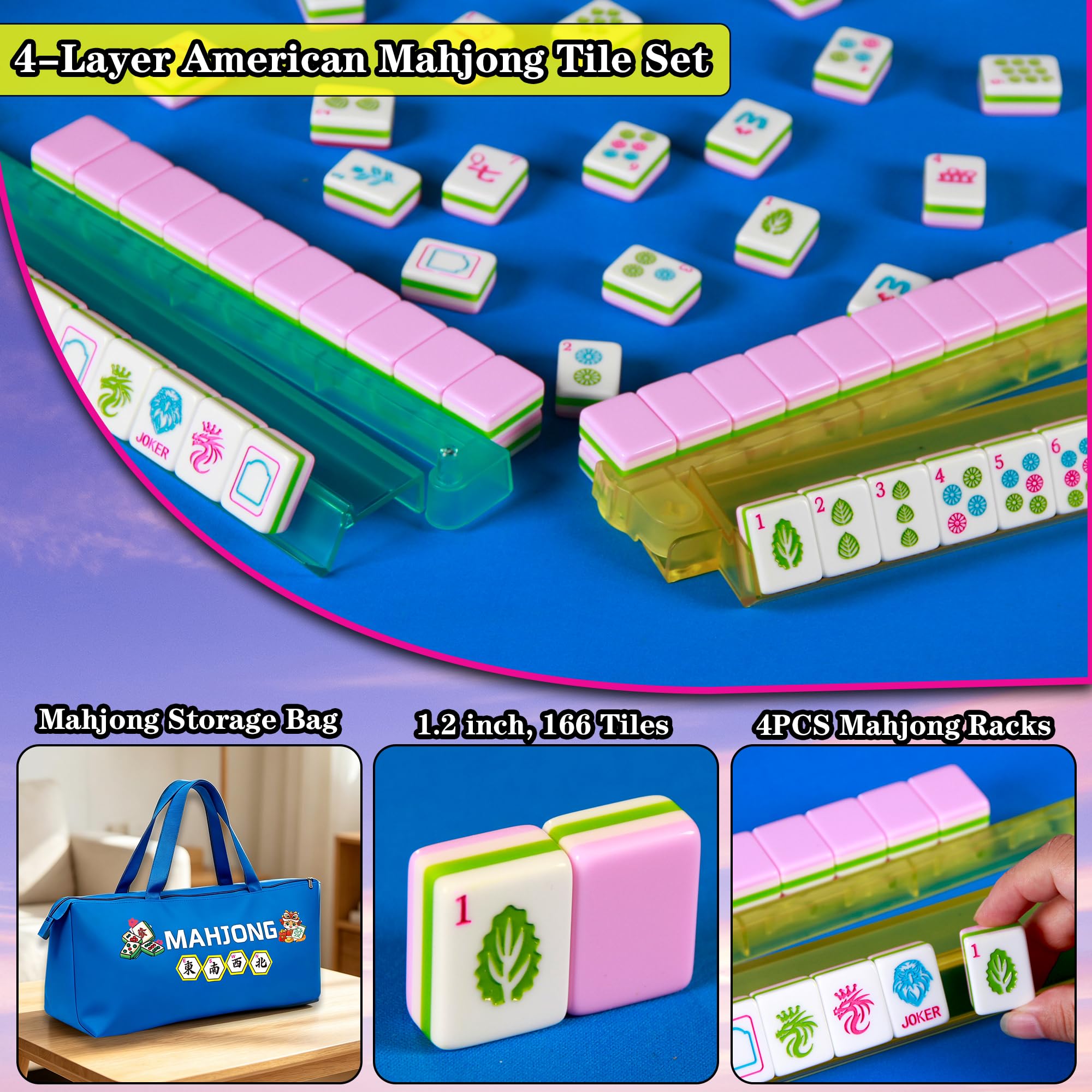 Set di piastrelle Mahjong a 4 strati rosa, 3 cm, set di piastrelle Mahjong americano