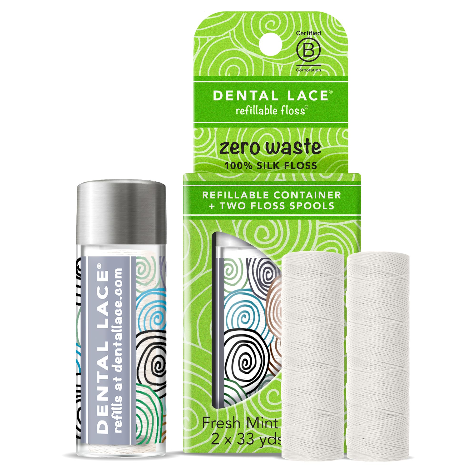 Dental Lace Refillable Silk Dental Floss – 100% Silk Floss with Mint Flavor, PFAS & PTFE Free – Includes 1 Refillable Glass Floss Container and 2 Spools (Total 66 Yards) – Recyclable Packaging