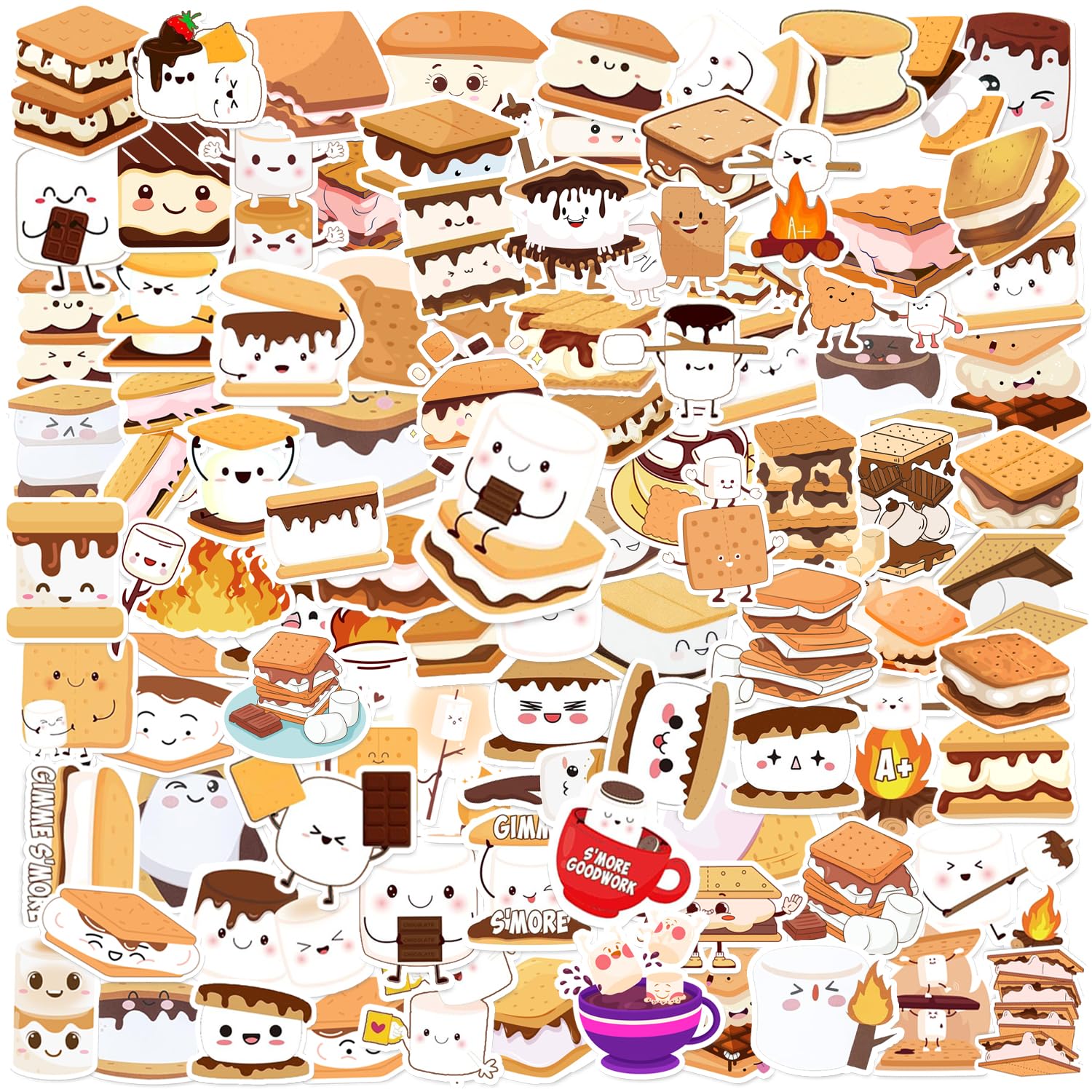 100PCS Smores Stickers, Smores Party Favors Birthday Party Decorations Vinyl Waterproof Stickers for Water Bottle Laptop Luggage Helmet Gifts for Teens Boys Girls Adult