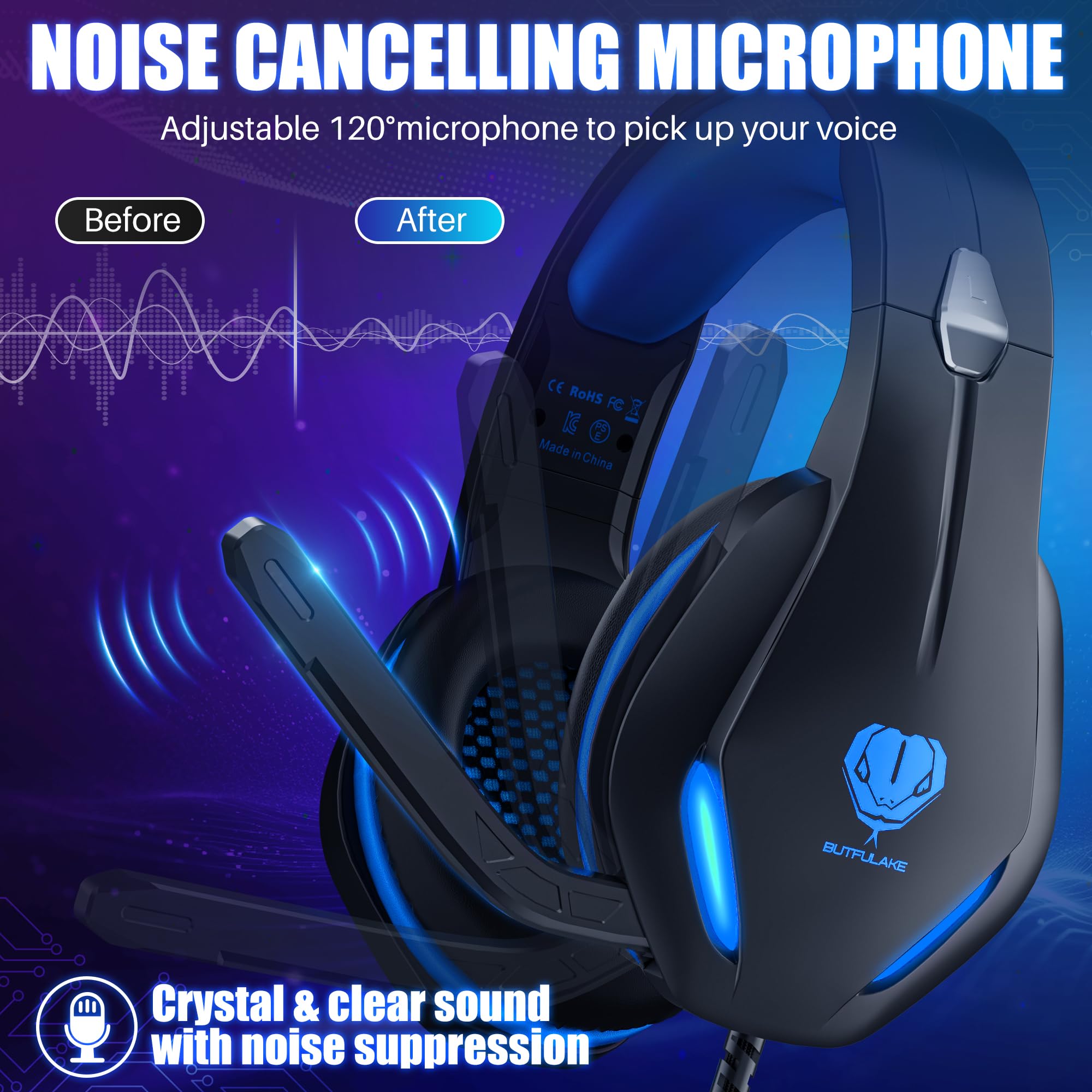 Casque Gaming avec Micro pour PS4 / PS5 / PC/Xbox One - Casque Gamer Audio Filaire Stéréo Surround avec Câble et LED - Ecouteurs Filaire à Réduction de Bruit