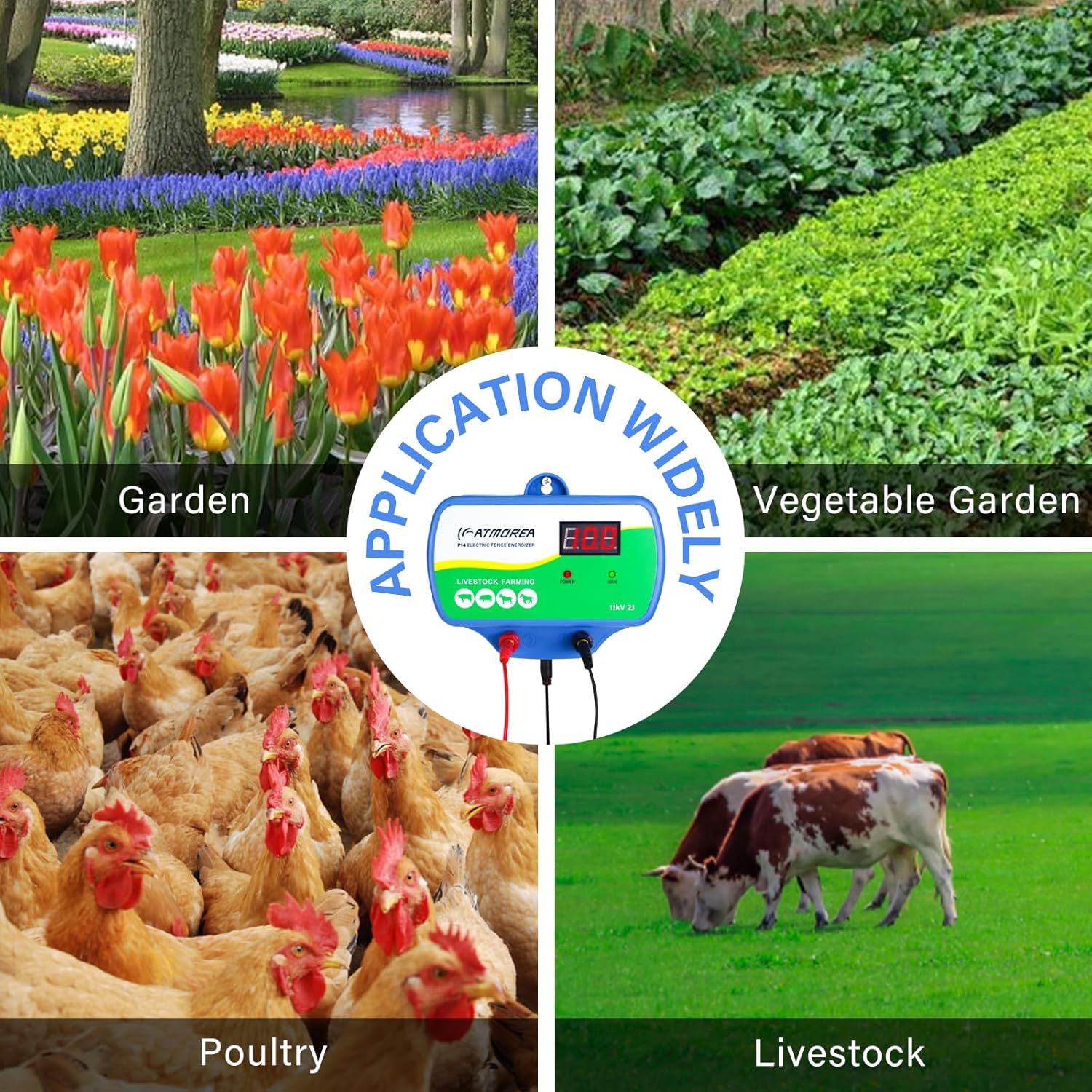 Electric Fence Charger 11kV Powerful Energizer ，2 Joules Energy Output with LED Display - Multi-Powered Ideal for Livestock, Pet, Poultry, Gardens, Orchards Protection