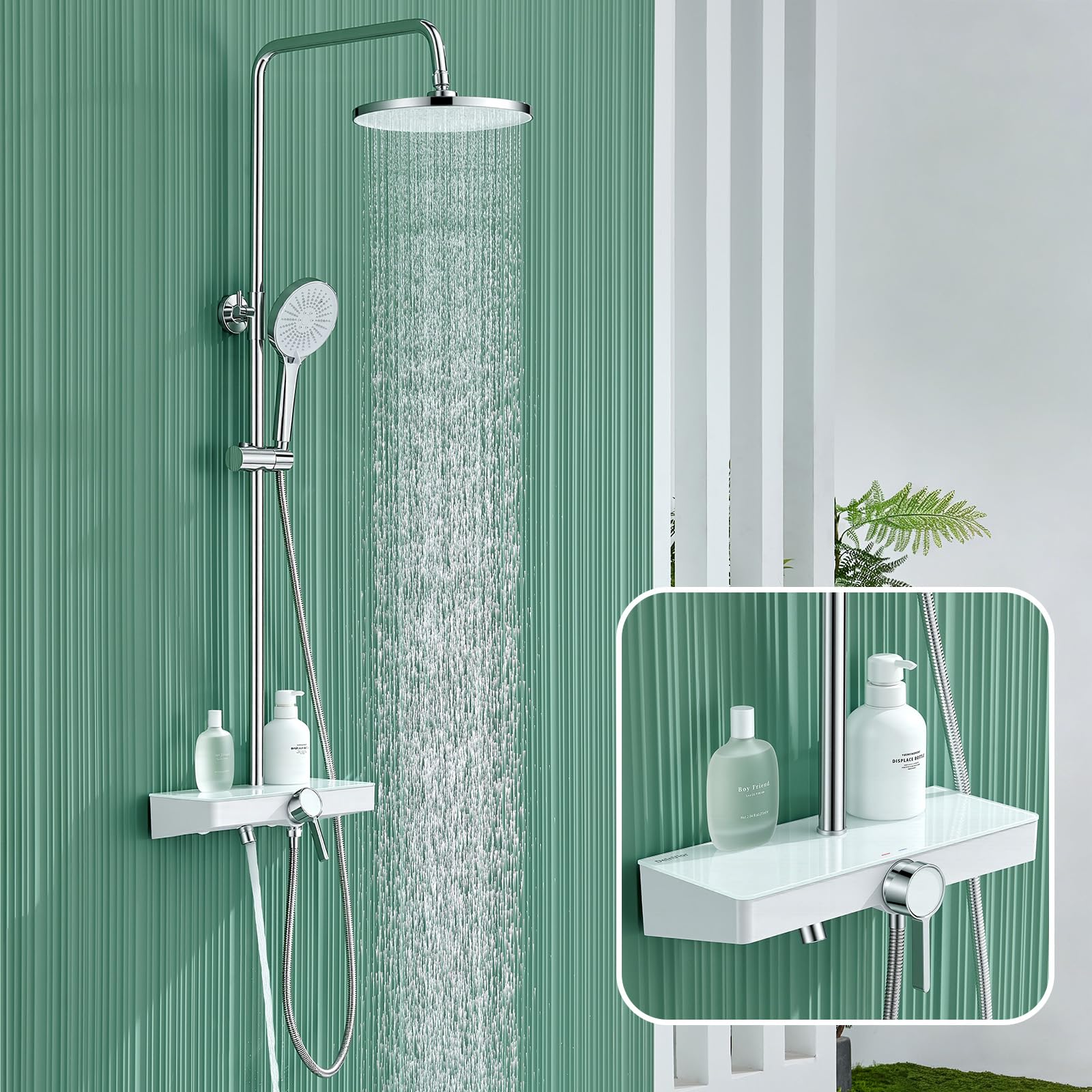 Duschsystem ohne Thermostat mit 26 cm runder Regendusche & Handbrause Duscharmatur Komplettset Höhenverstellbar mit Sicherheitsglas-Ablage & multifunktionalem Schwenkauslauf