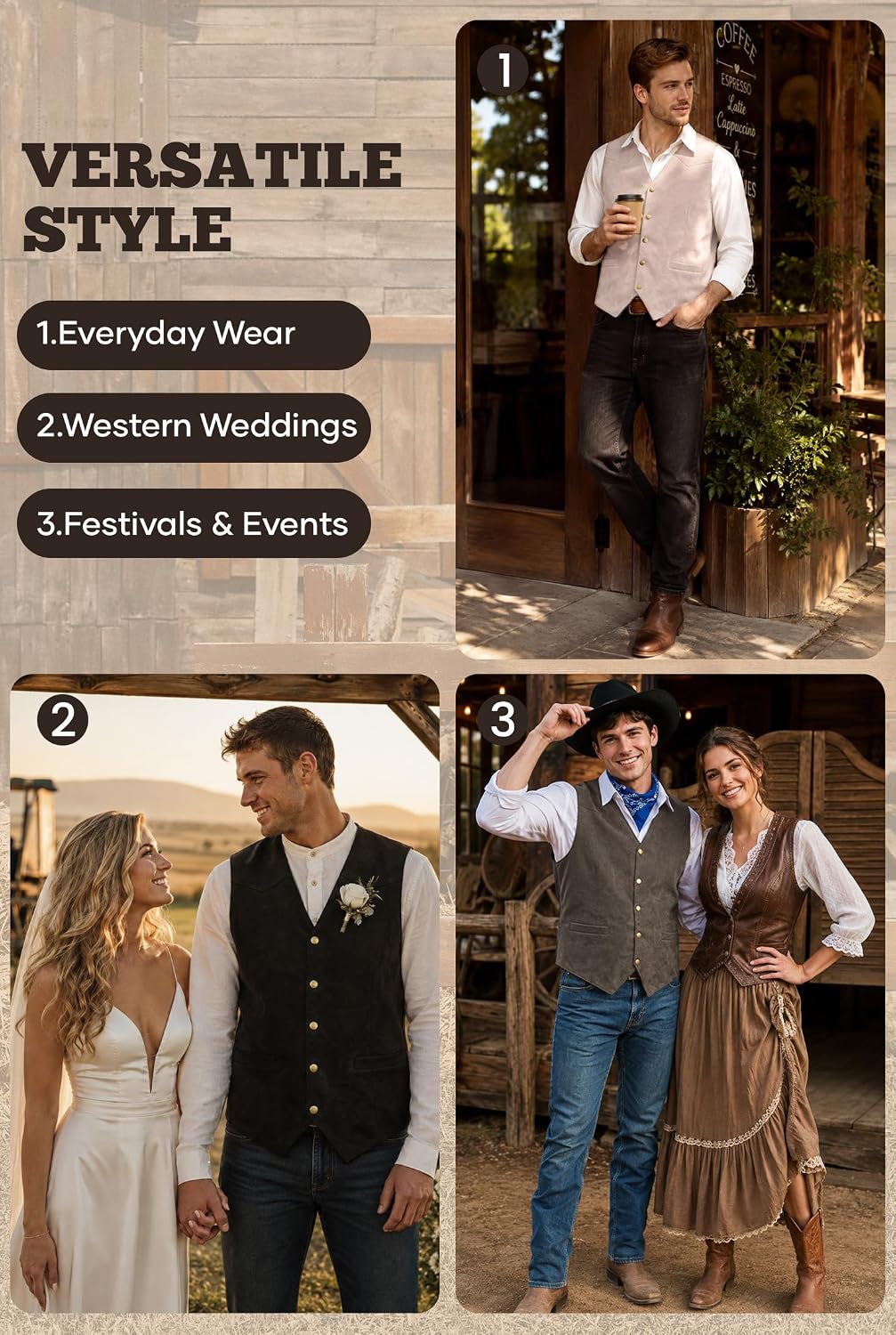 Herberton Mens Western Vintage Vest Cowboy Suede Leather Waistcoat