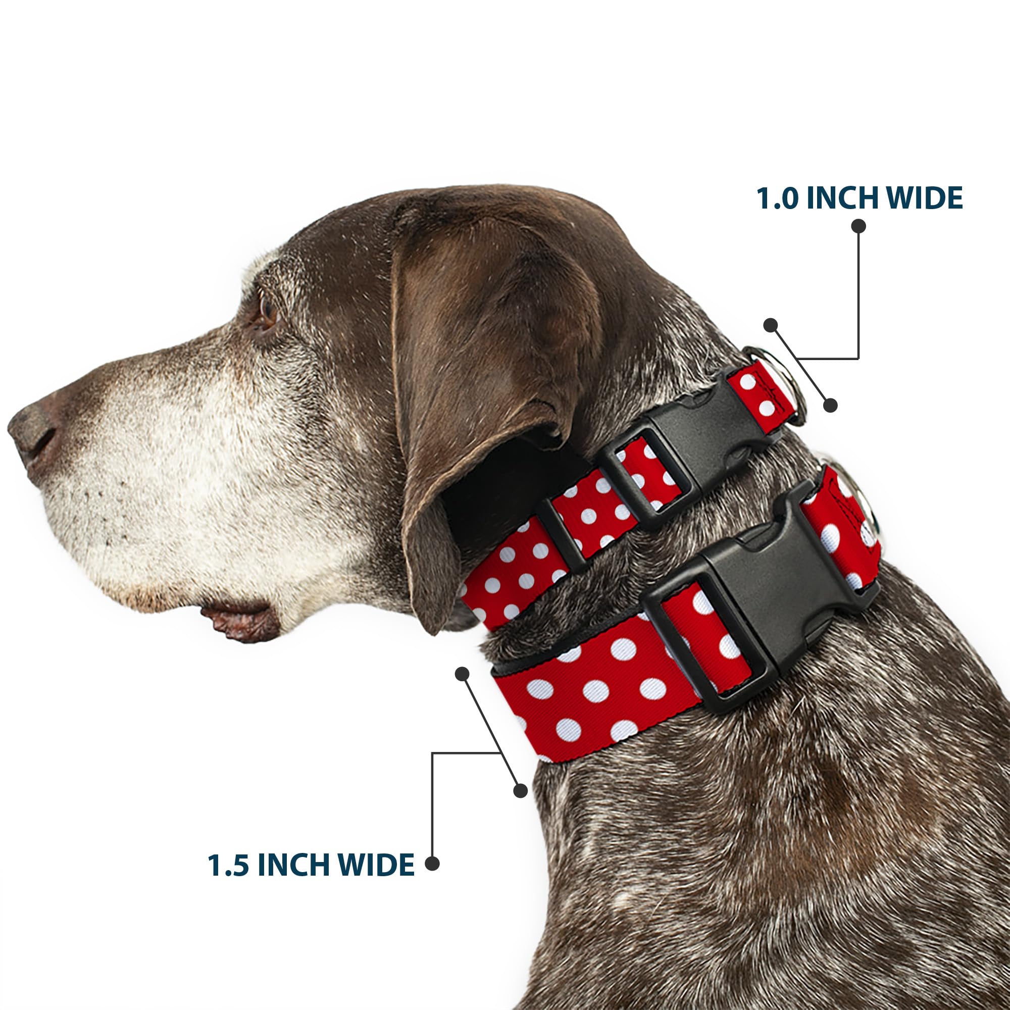 Buckle-Down Minnie Mouse Dog Collar - Red/Black/Polka Dot, Large (15-26 Inch Neck), Officially Licensed Disney