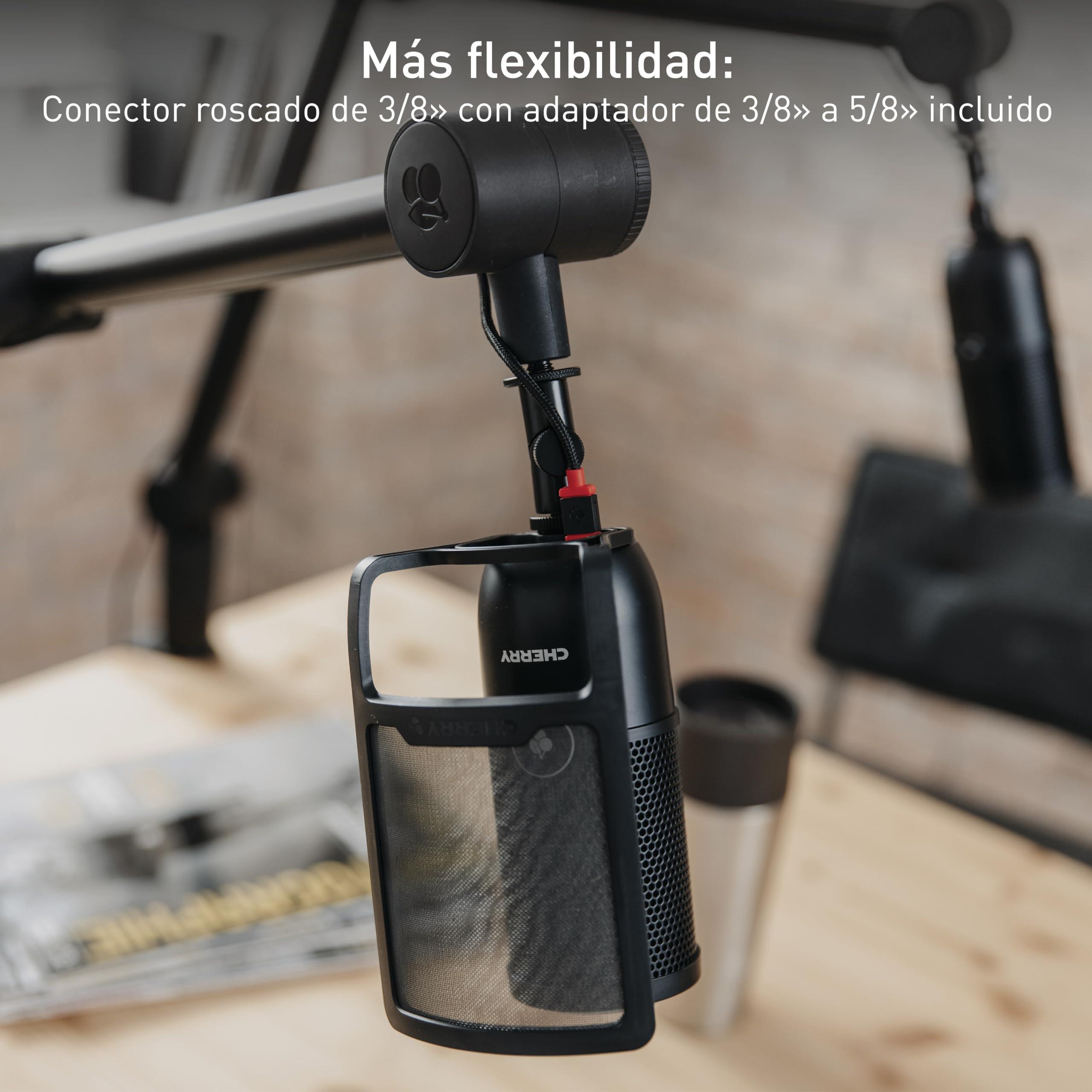 CHERRY MA 3.0 UNI, Brazo de Micrófono Universal, con Pinza para Mesa (hasta 60 mm), Rosca de 3/8 Pulgadas (Incluye Adaptador de 3/8 a 5/8 Pulgadas), Brazo Articulado y Estable, Negro