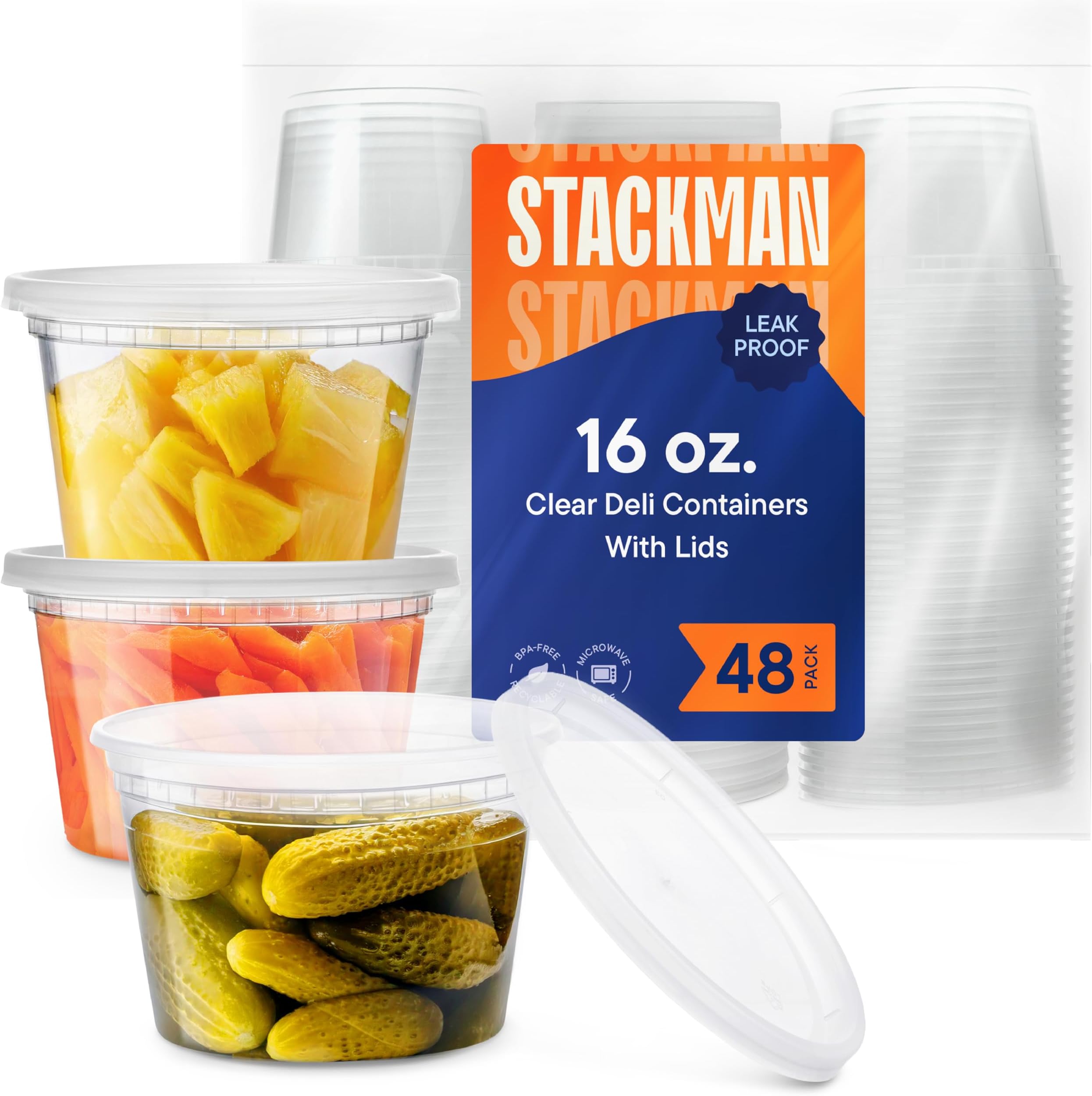 Stack Man Deli Containers with Lids [48 Sets - 16 oz.] Pint Plastic Soup Container - Disposable Deli Food Storage Containers with Airtight Lids for Freezer & Restaurant Takeout