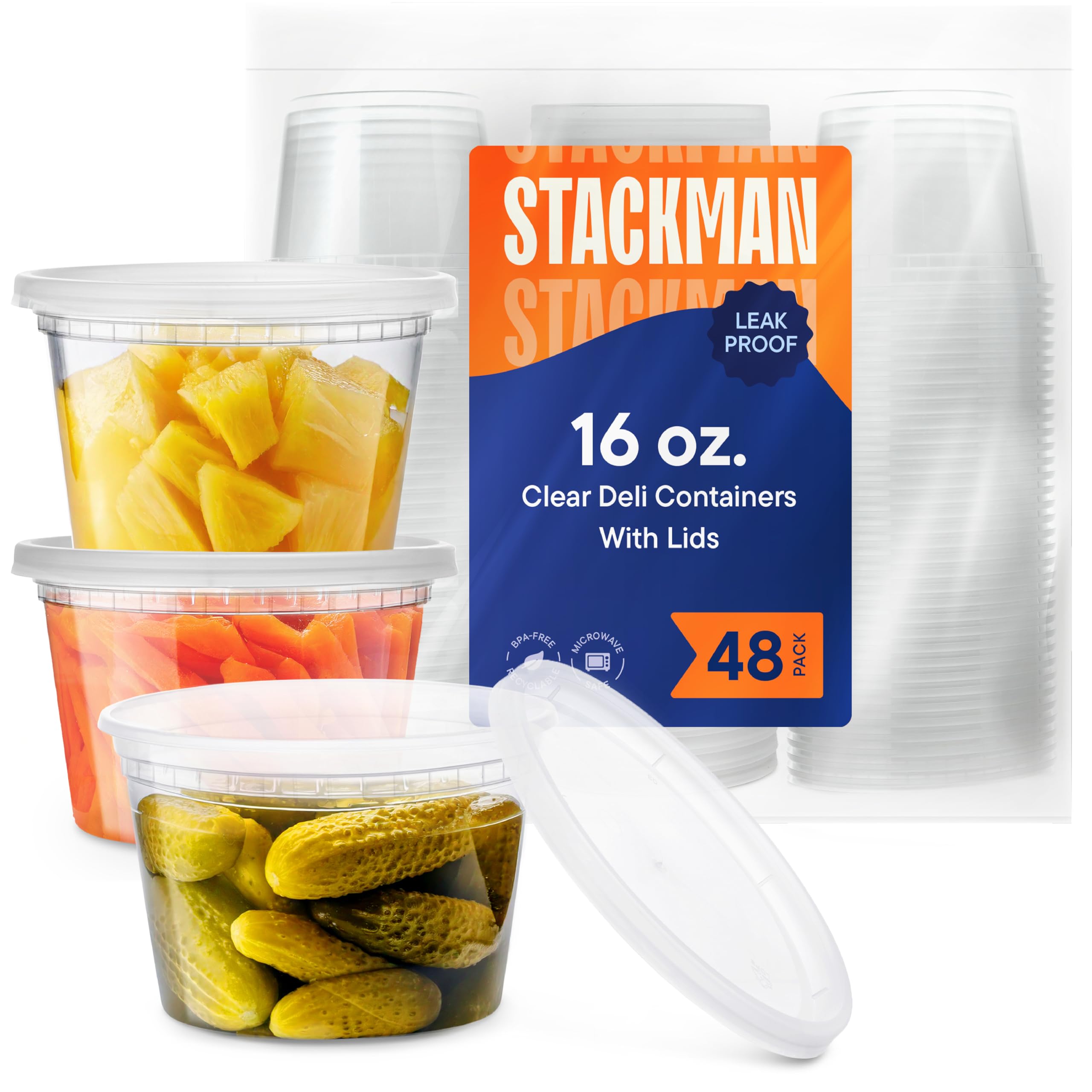 Stack Man Deli Containers with Lids [48 Sets - 16 oz.] Pint Plastic Soup Container - Disposable Deli Food Storage Containers with Airtight Lids for Freezer & Restaurant Takeout