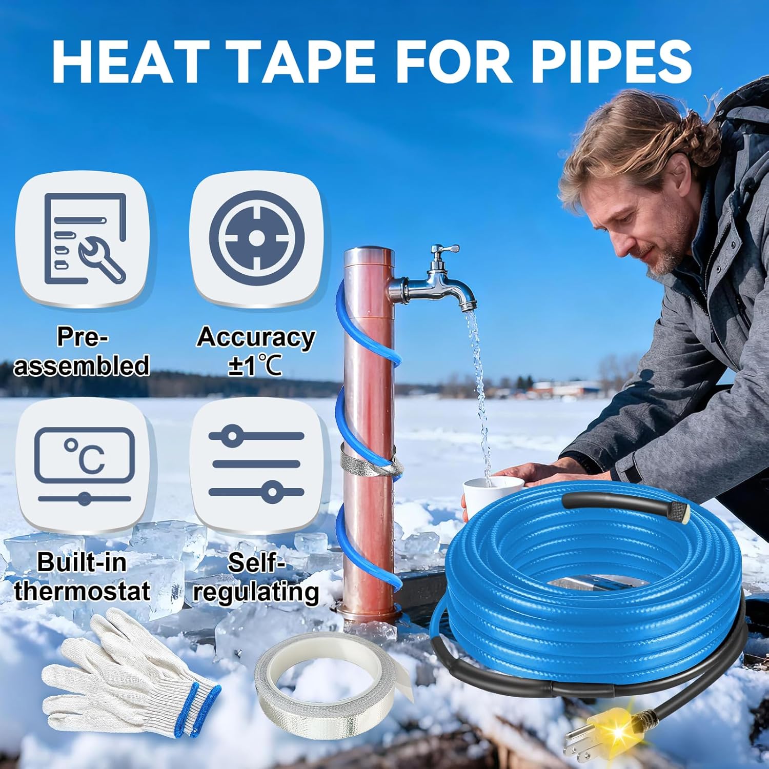 120V Heat Tape with Thermostat for Pipe Freeze Protection, 40 Feet Heat Trace for Water Pipes, 5 W/Ft, Electric Self-regulating Pipe Heating Tape for Metal And Plastic Pipes SnulyHeet